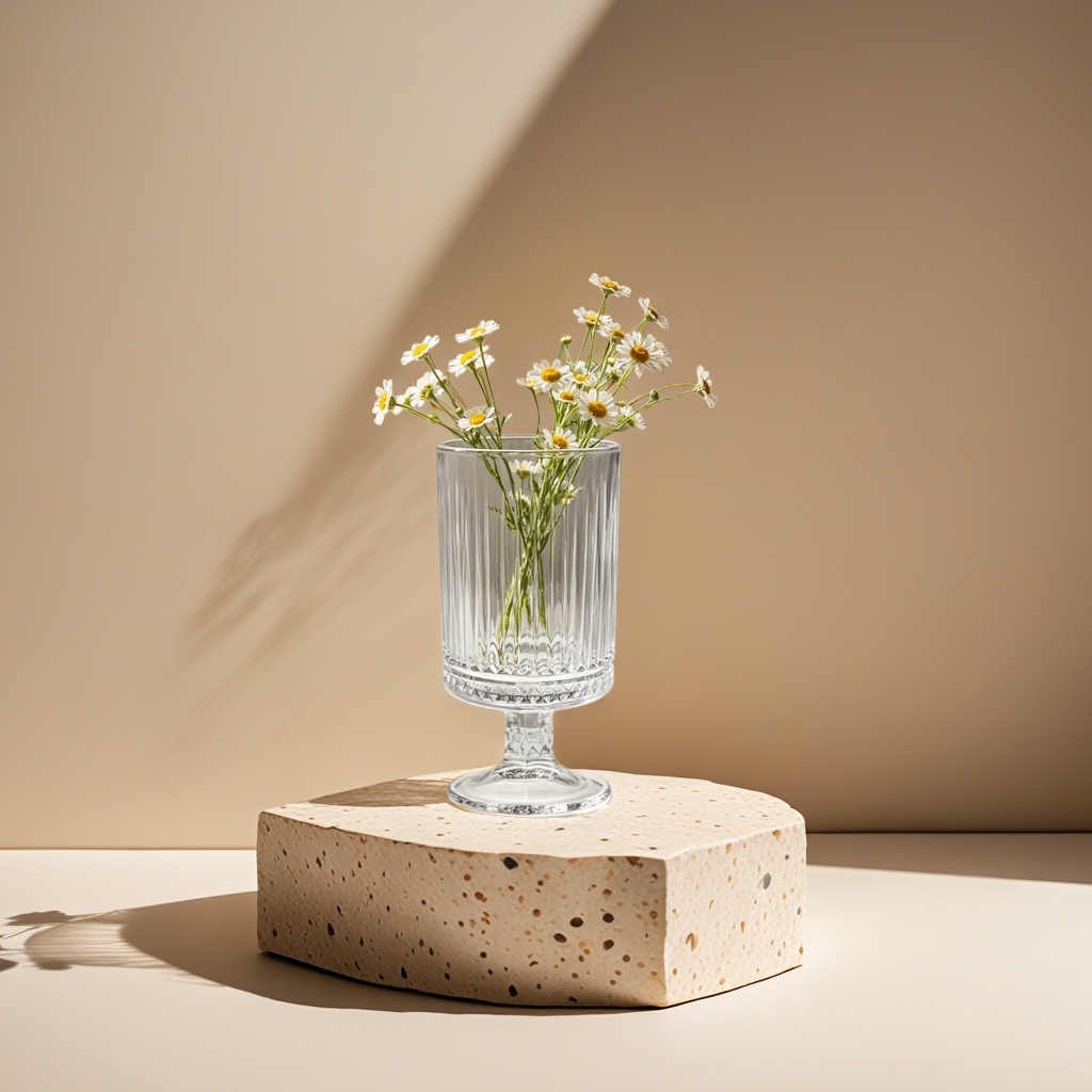 A transparent striped glass vase with Daisy arrangements for decorating the living room and bedroom table details Picture