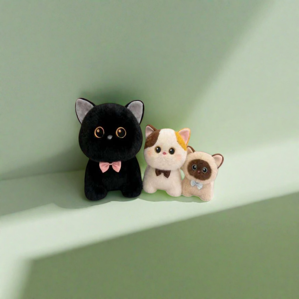 Black cat doll, white and brown Siamese cat plush toy