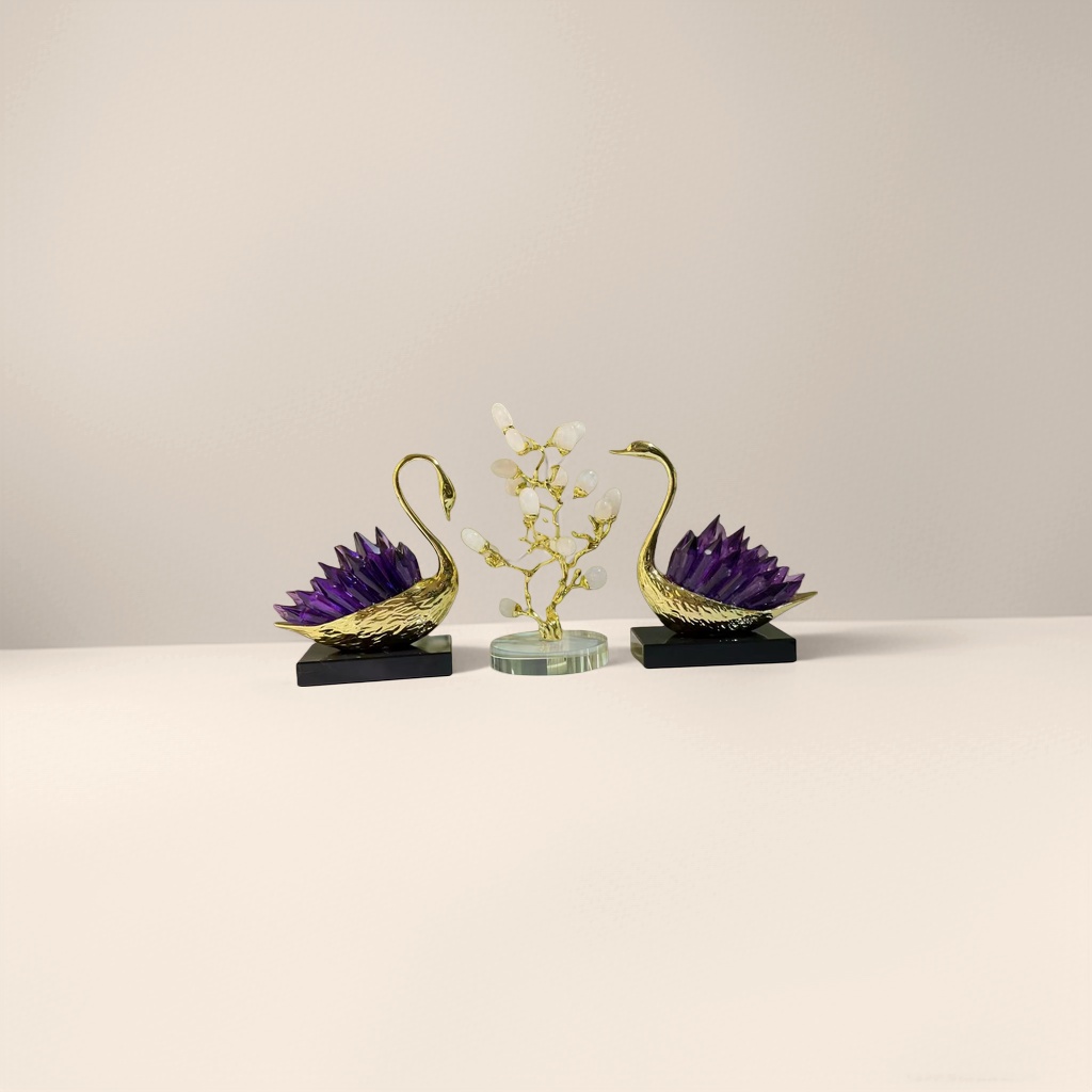 A golden swan figurine with amethyst wing-shaped crystal branch decoration Application Scenario