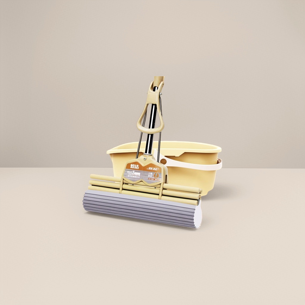 A set of household cleaning mops with beige mops and grey rubber cotton heads Application Scenario