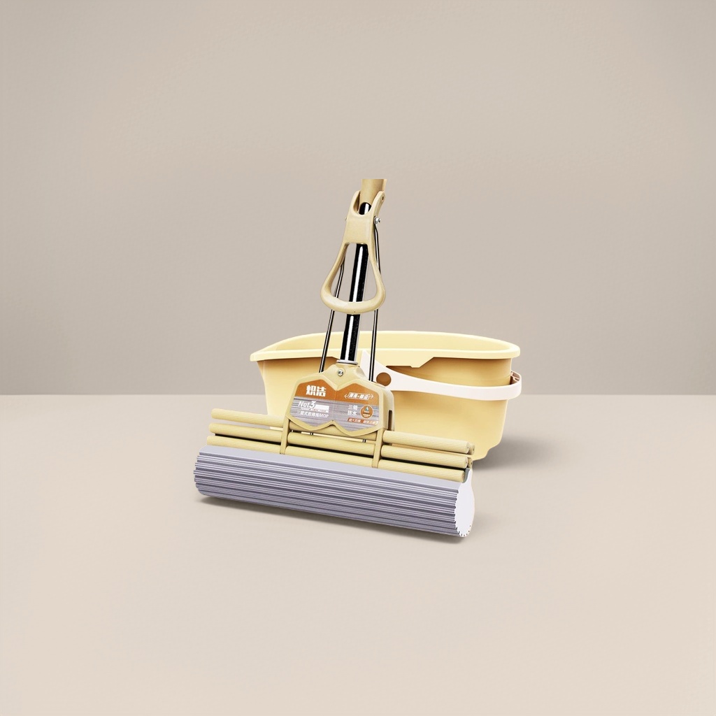 A set of household cleaning mops with beige mops and grey rubber cotton heads details Picture