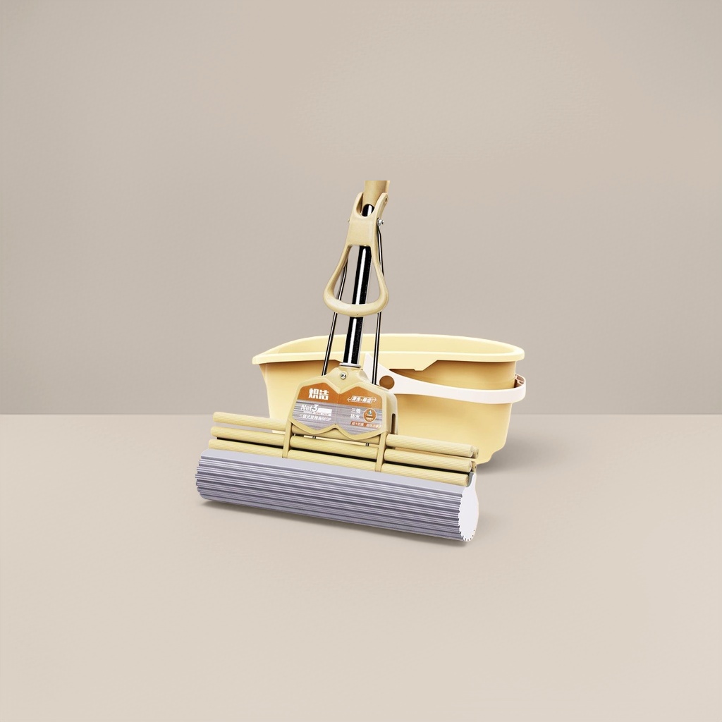 A set of household cleaning mops with beige mops and grey rubber cotton heads Specification image