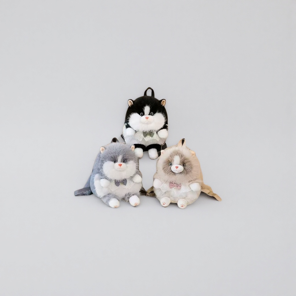 Three plush cat-shaped backpacks are cute, soft and adorable. They are light and fashionable backpacks for students' commuting details Picture