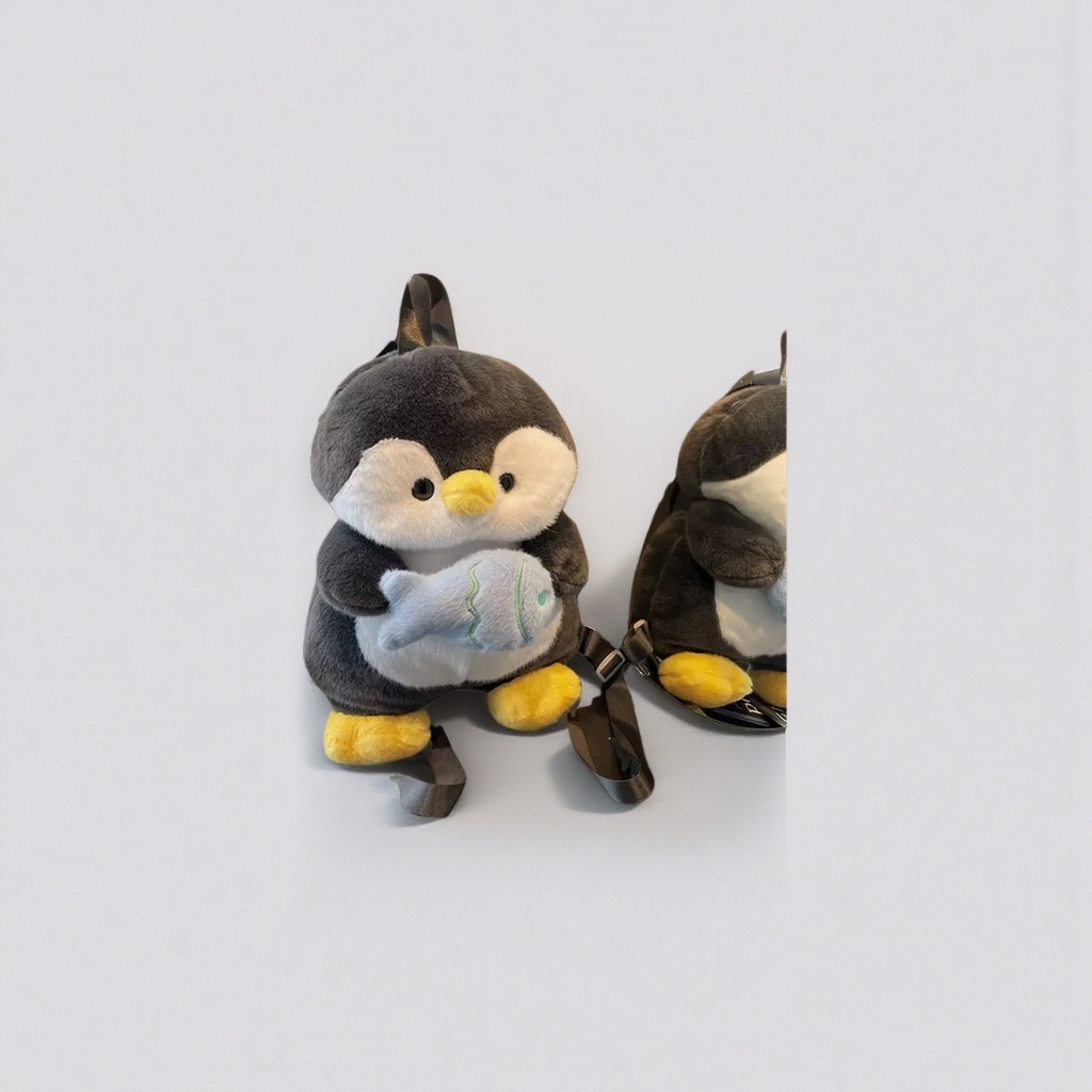 A cute and adorable grey penguin-shaped plush toy backpack for children and students' commuting details Picture