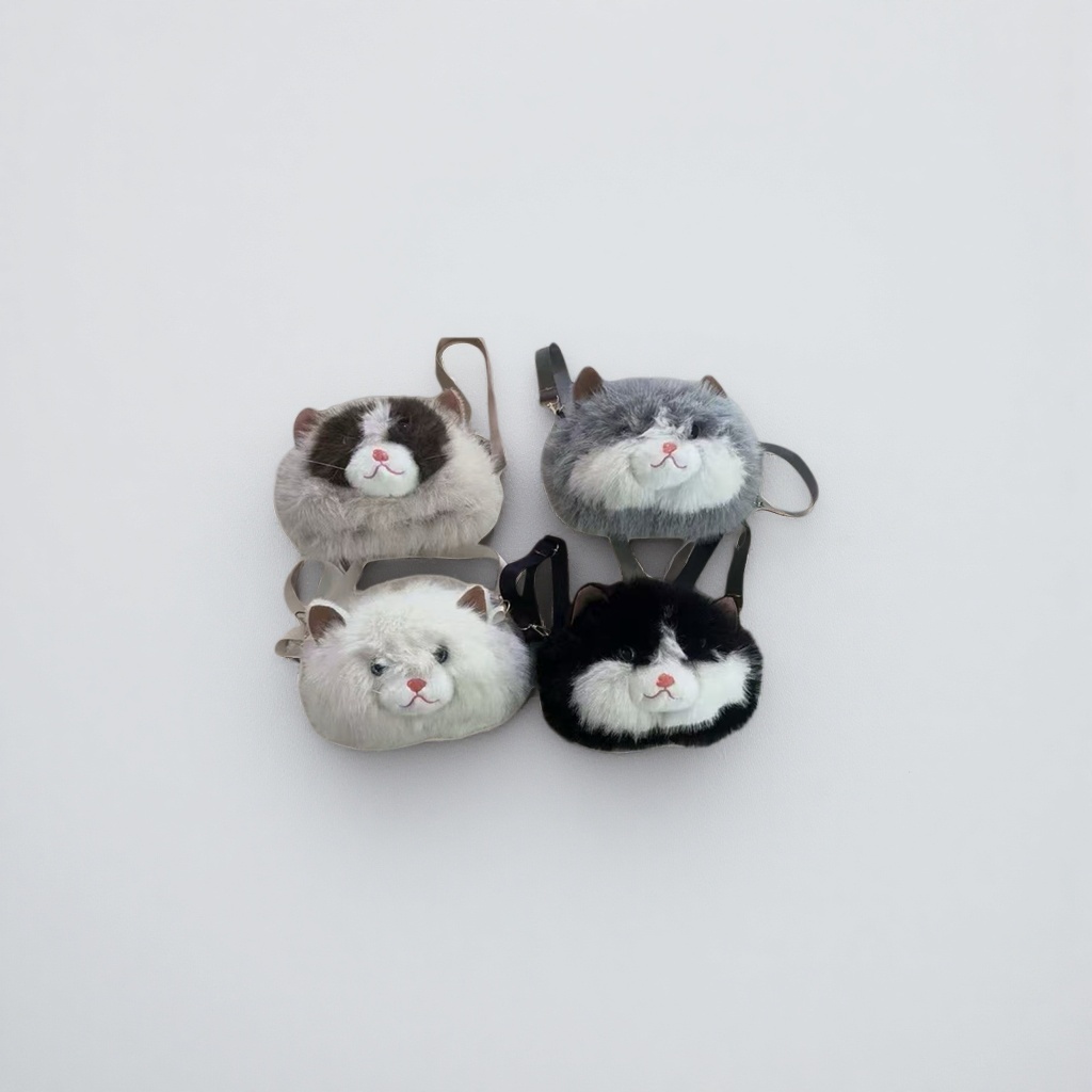 A cute single-shoulder crossbody bag with a plush cat head design Specification image