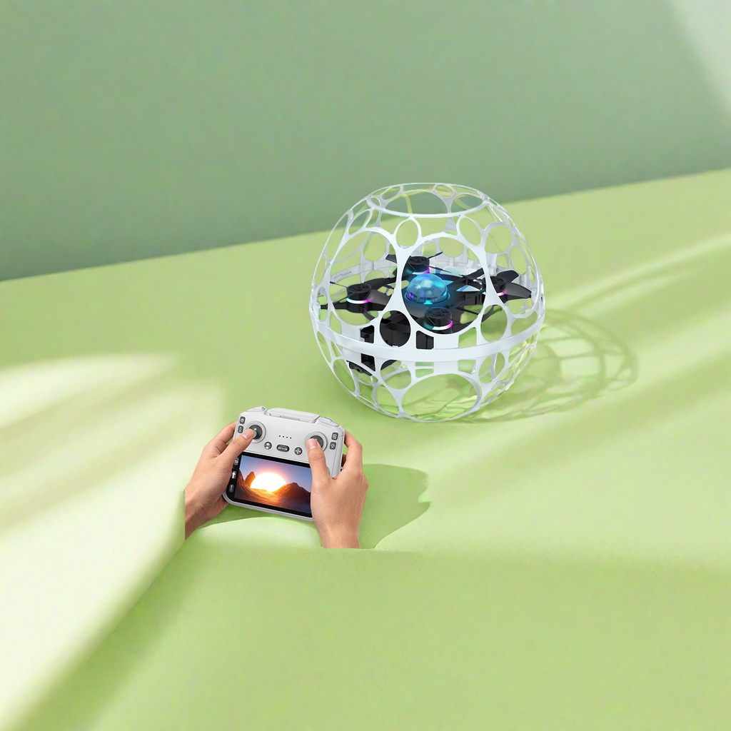 The white spherical protective cover drone is equipped with a remote control and a screen display