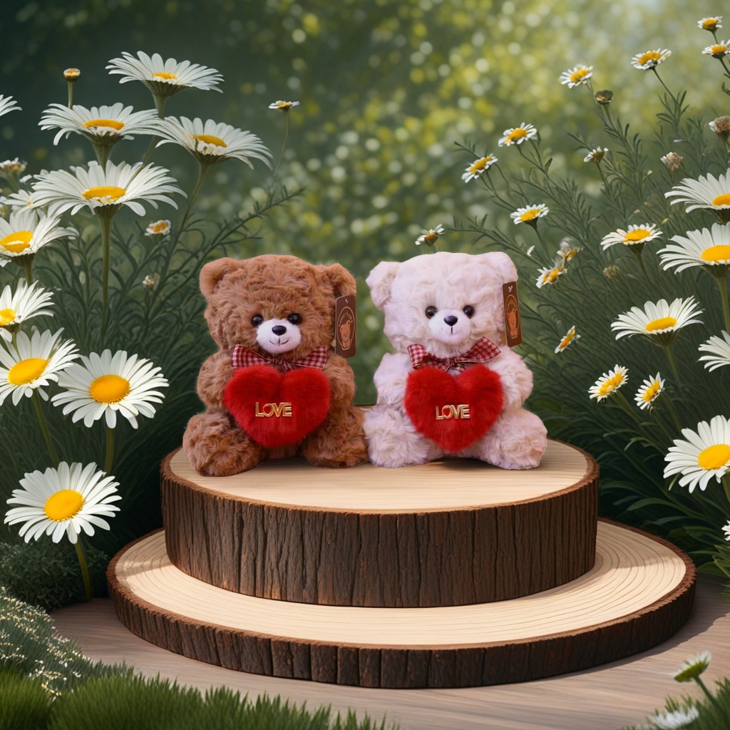 棕色白色泰迪熊抱红色爱心挂木质圆桌金色LOVE红白格纹蝴蝶结