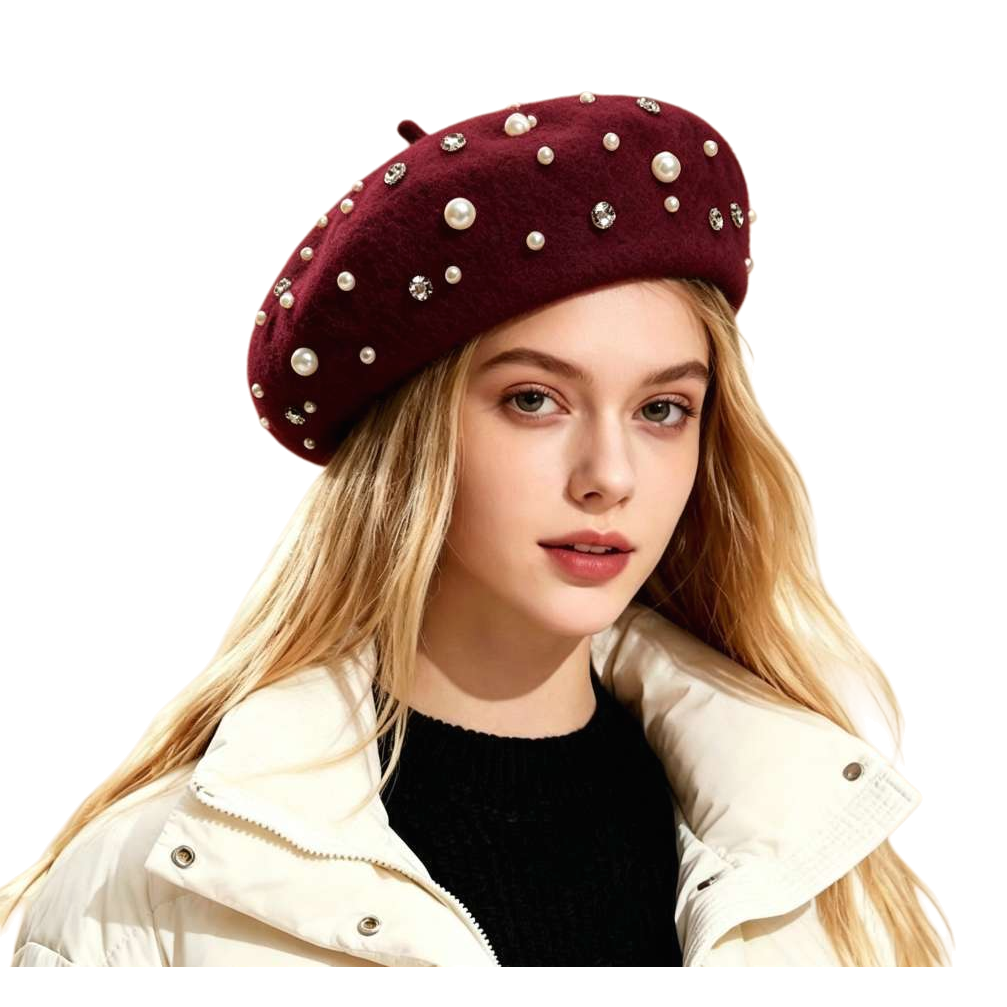 Wine red pearl rhinestone decorated beret women's autumn and winter fashion accessories Cross-border new pearl fashion beret autumn and winter retro women's versatile painter hat with beaded wool beret Item Picture