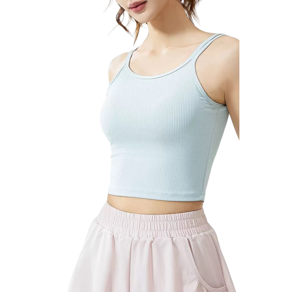 Light blue ribbed halter top, a slimming and form-fitting top for women, the same style as the model Item Picture