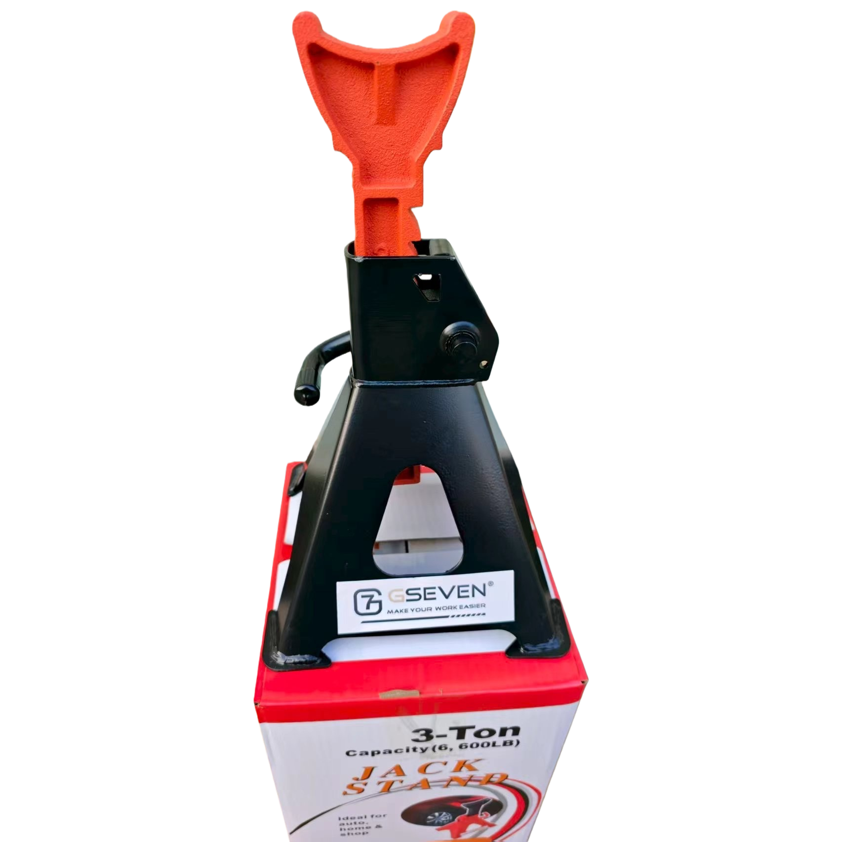 The 3-ton jack bracket with black frame and red top head is stable and durable in bearing capacity Item Picture