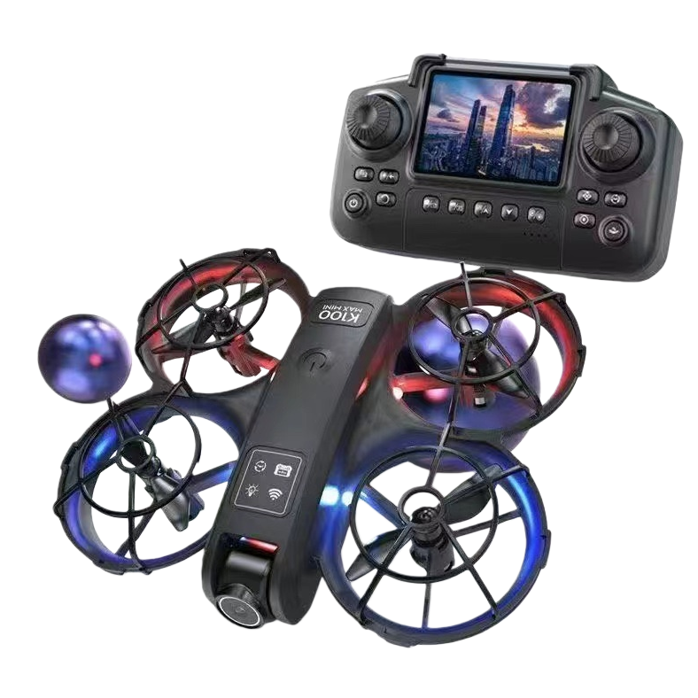 A black drone with a blue and red dual-color light strip protective cover, a propeller, and a small screen remote control Item Picture