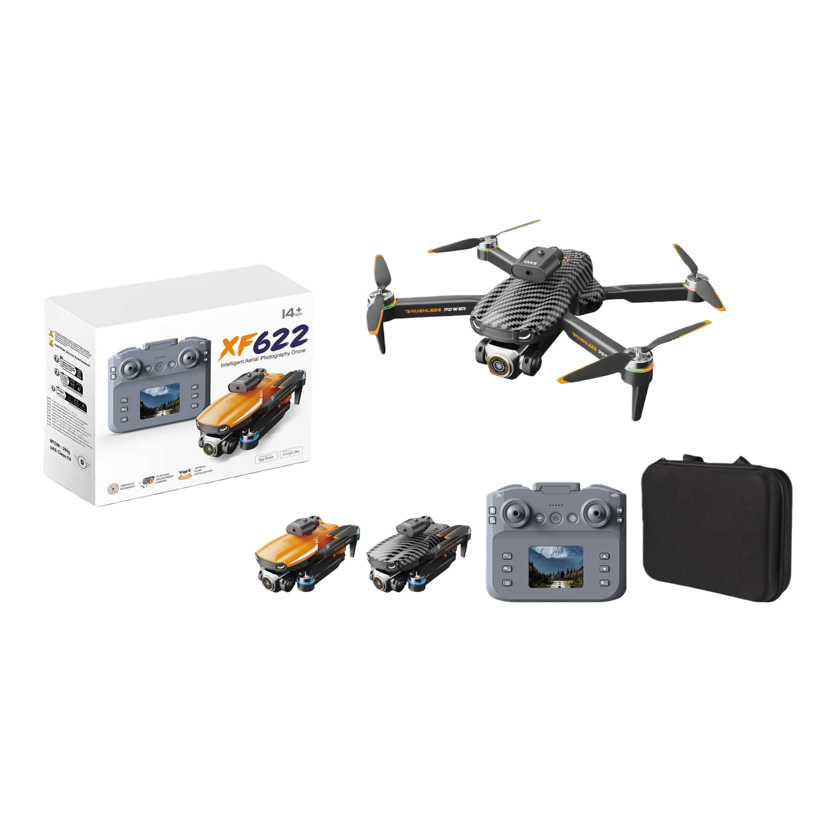 A black carbon fiber patterned drone with an orange propeller and a camera Item Picture