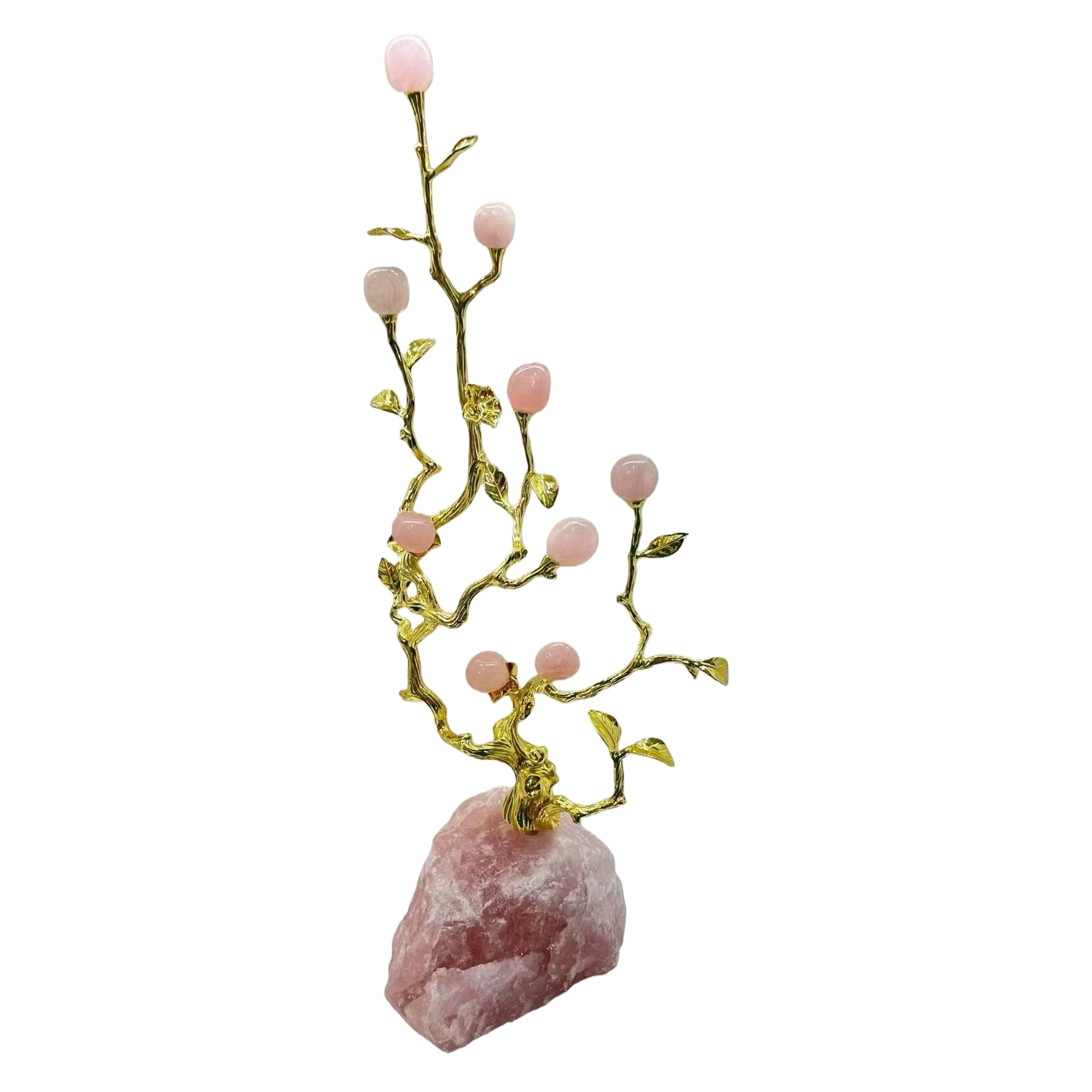 A pink gemstone ornament inlaid with golden branches and a rose quartz base Item Picture