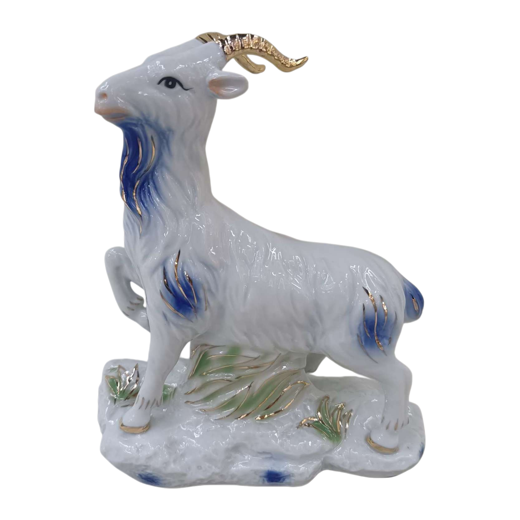 Porcelana blanca esmalte azul cuerno de oro cabras decoración del hogar sala de estar basalto artesanía Item Picture