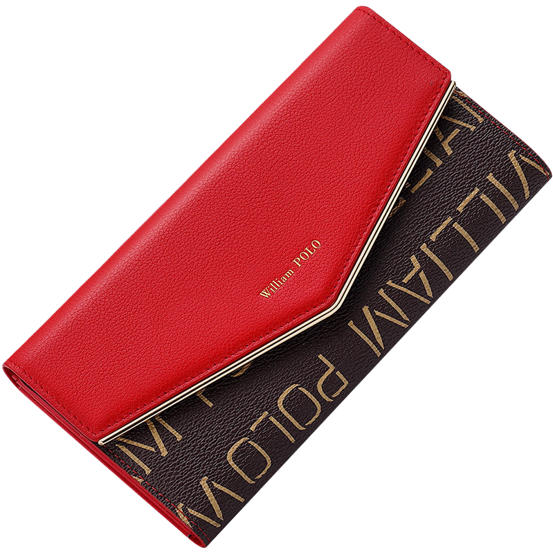 Red flip-top long wallet, genuine leather for ladies, simple and fashionable, large capacity and multiple compartments Item Picture