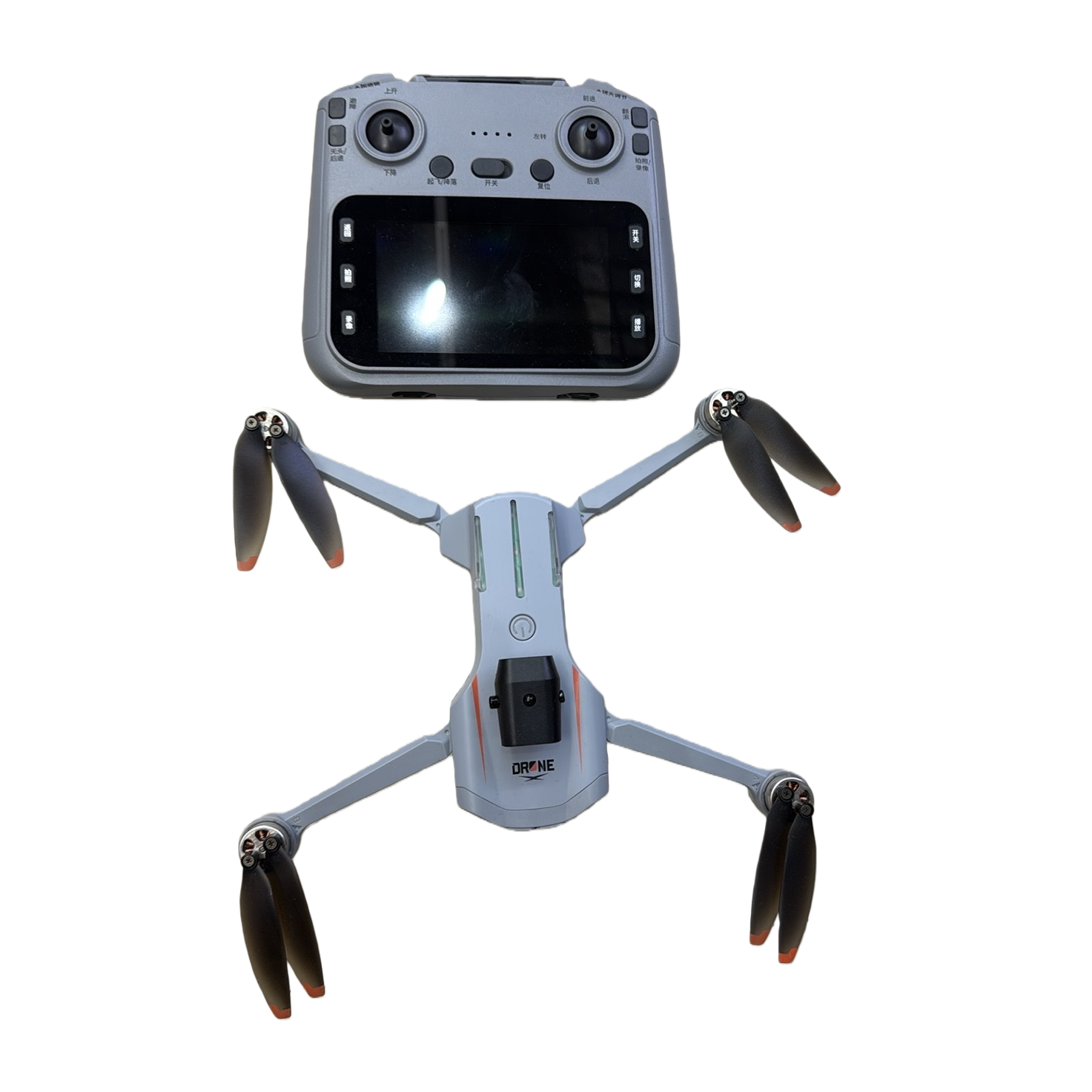 A portable foldable aerial photography device with a grey drone and remote control, equipped with a high-definition camera Item Picture