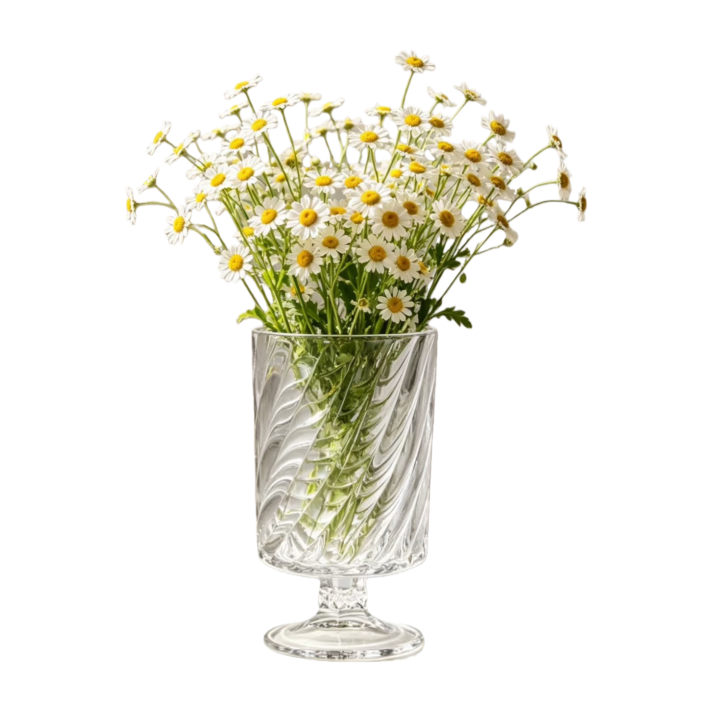 A transparent spiral-patterned glass vase with a Daisy bouquet for the living room dining table decoration Item Picture