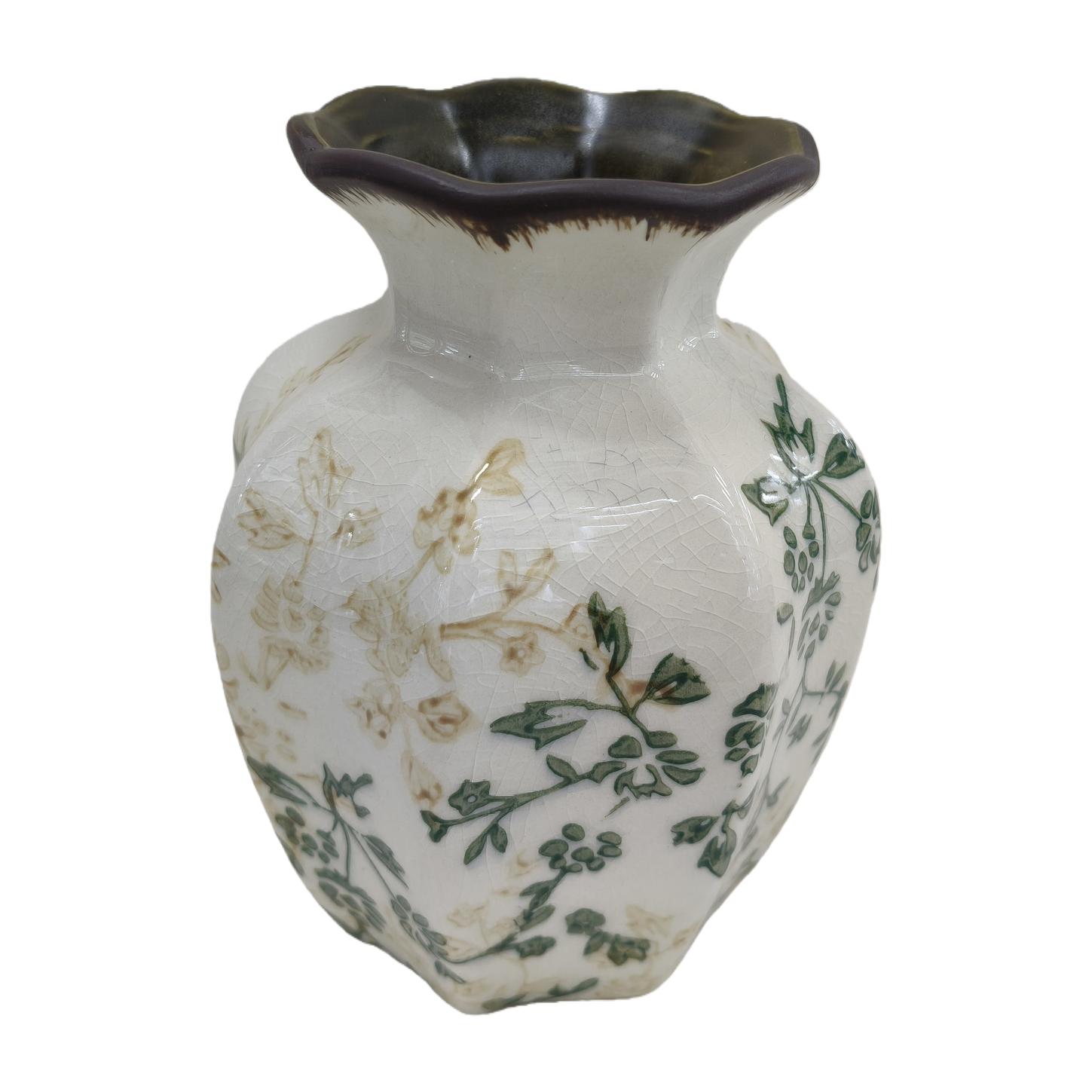 The white cracked glaze wavy mouth vase is decorated with greenish-brown plant patterns Item Picture
