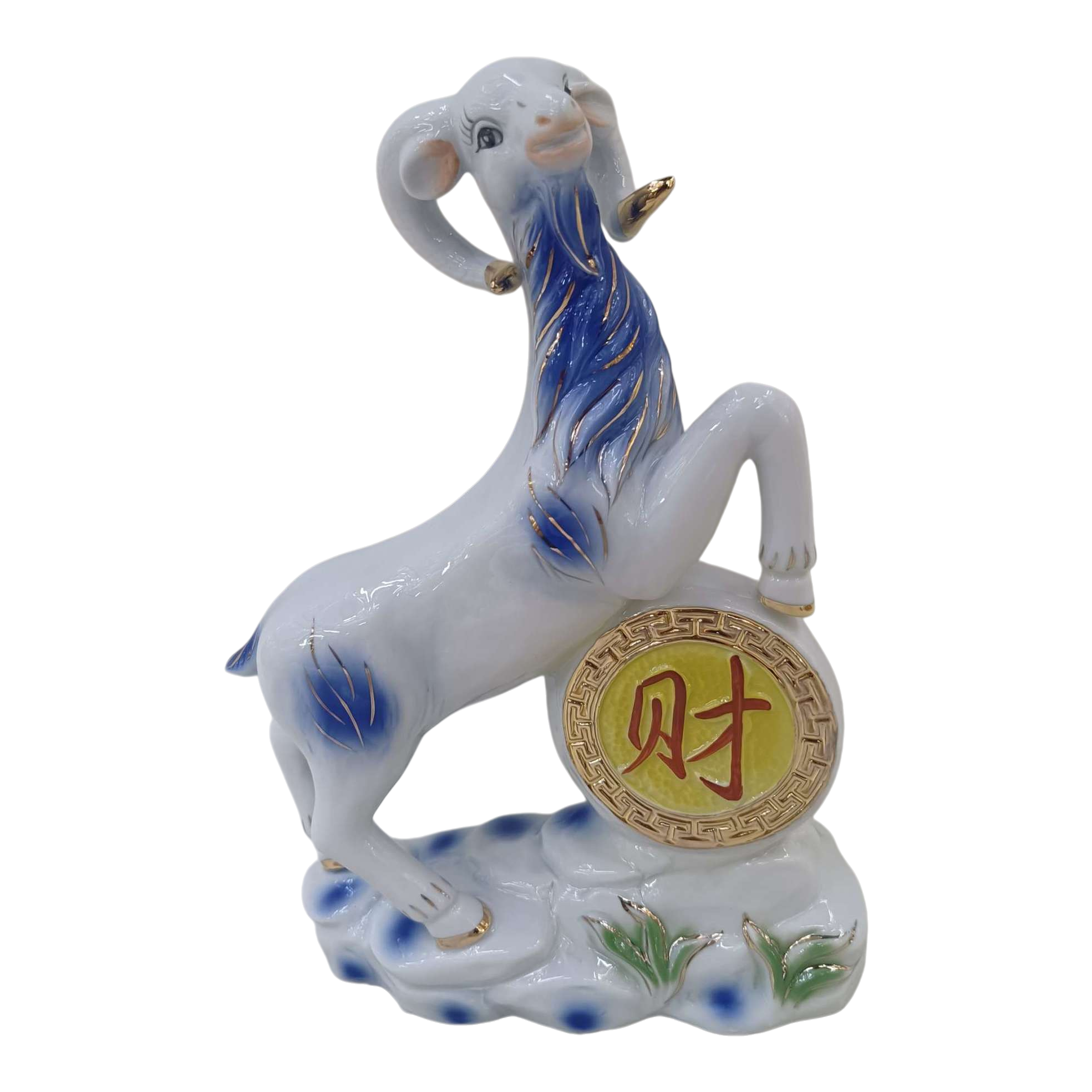 白瓷羊雕像蓝金彩绘踏石衔财字牌家居摆件 Item Picture