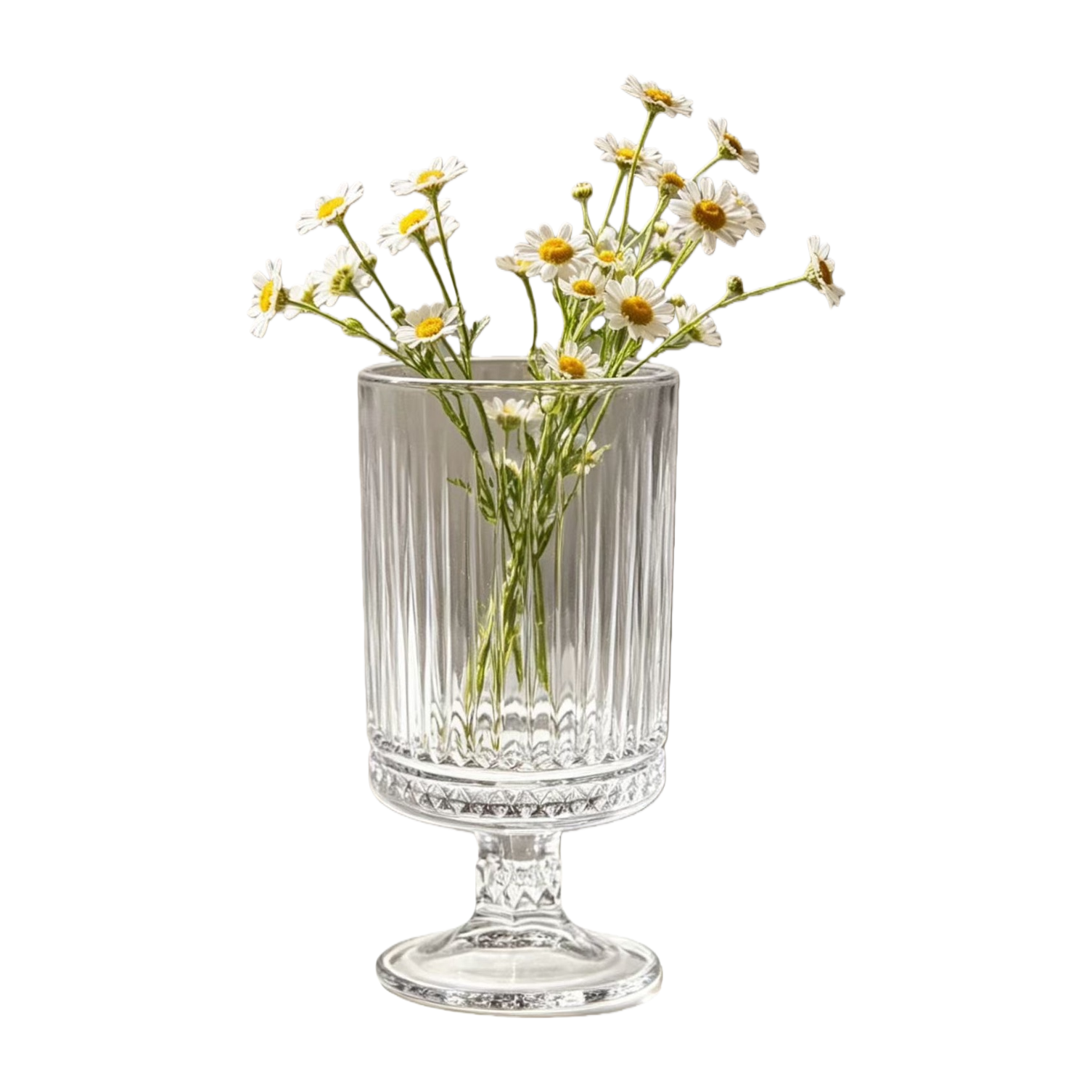 A transparent striped glass vase with Daisy arrangements for decorating the living room and bedroom table Item Picture