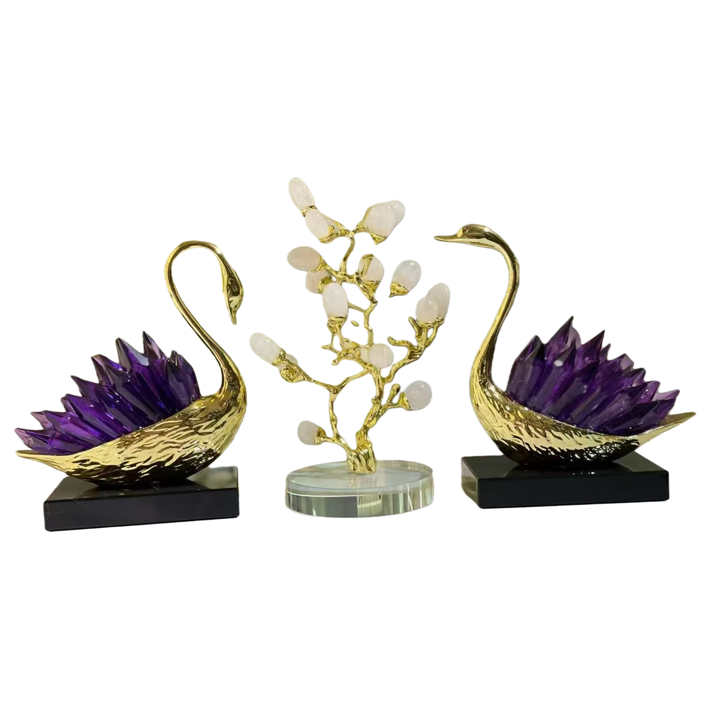 A golden swan figurine with amethyst wing-shaped crystal branch decoration Item Picture