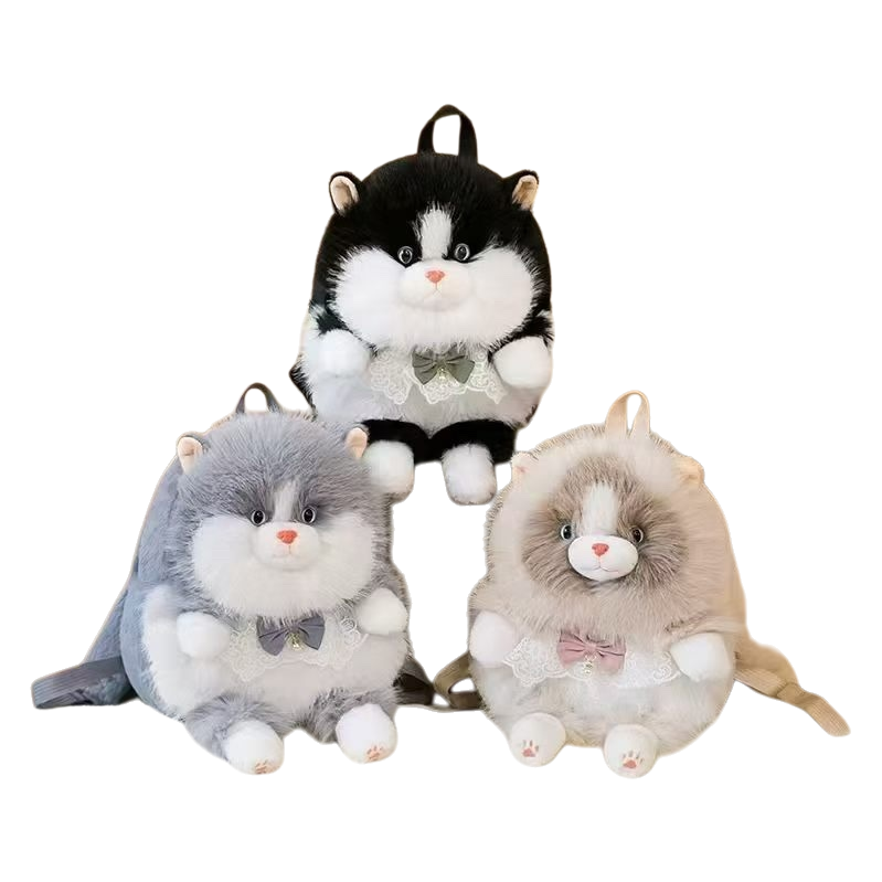 Three plush cat-shaped backpacks are cute, soft and adorable. They are light and fashionable backpacks for students' commuting Item Picture