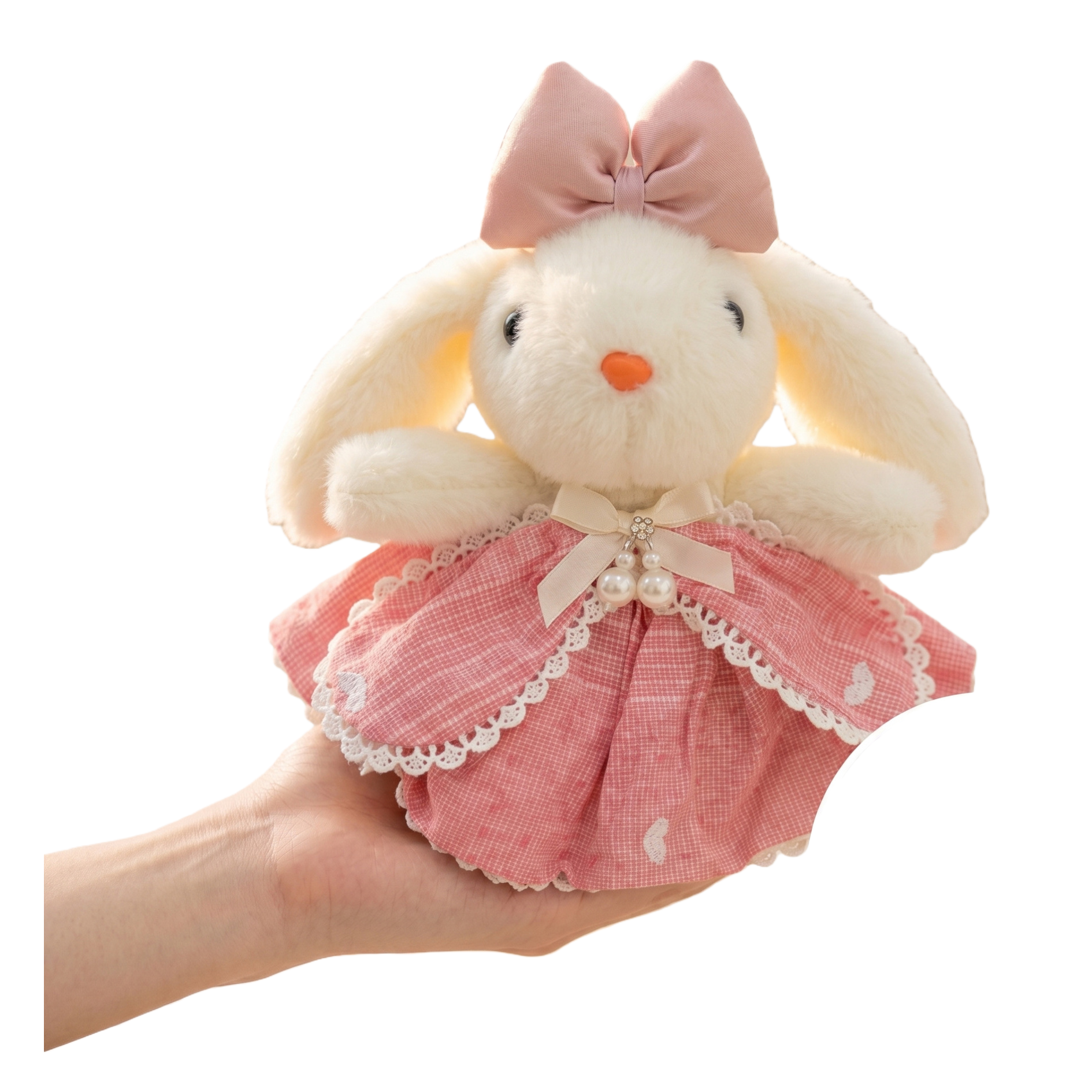 Pink bow, white rabbit plush toy, cute and fun home decoration Item Picture