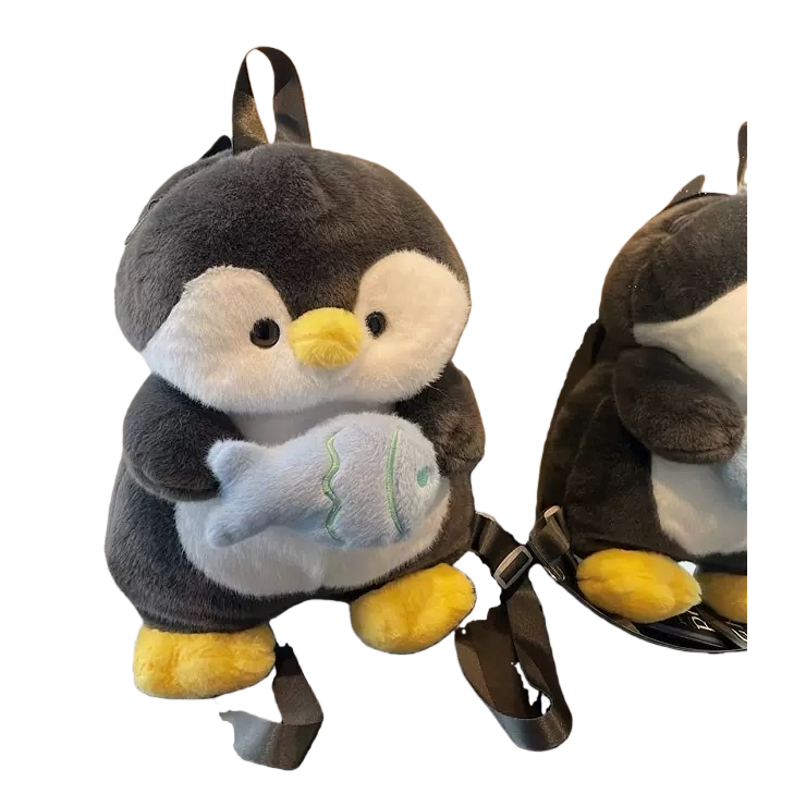 A cute and adorable grey penguin-shaped plush toy backpack for children and students' commuting Item Picture