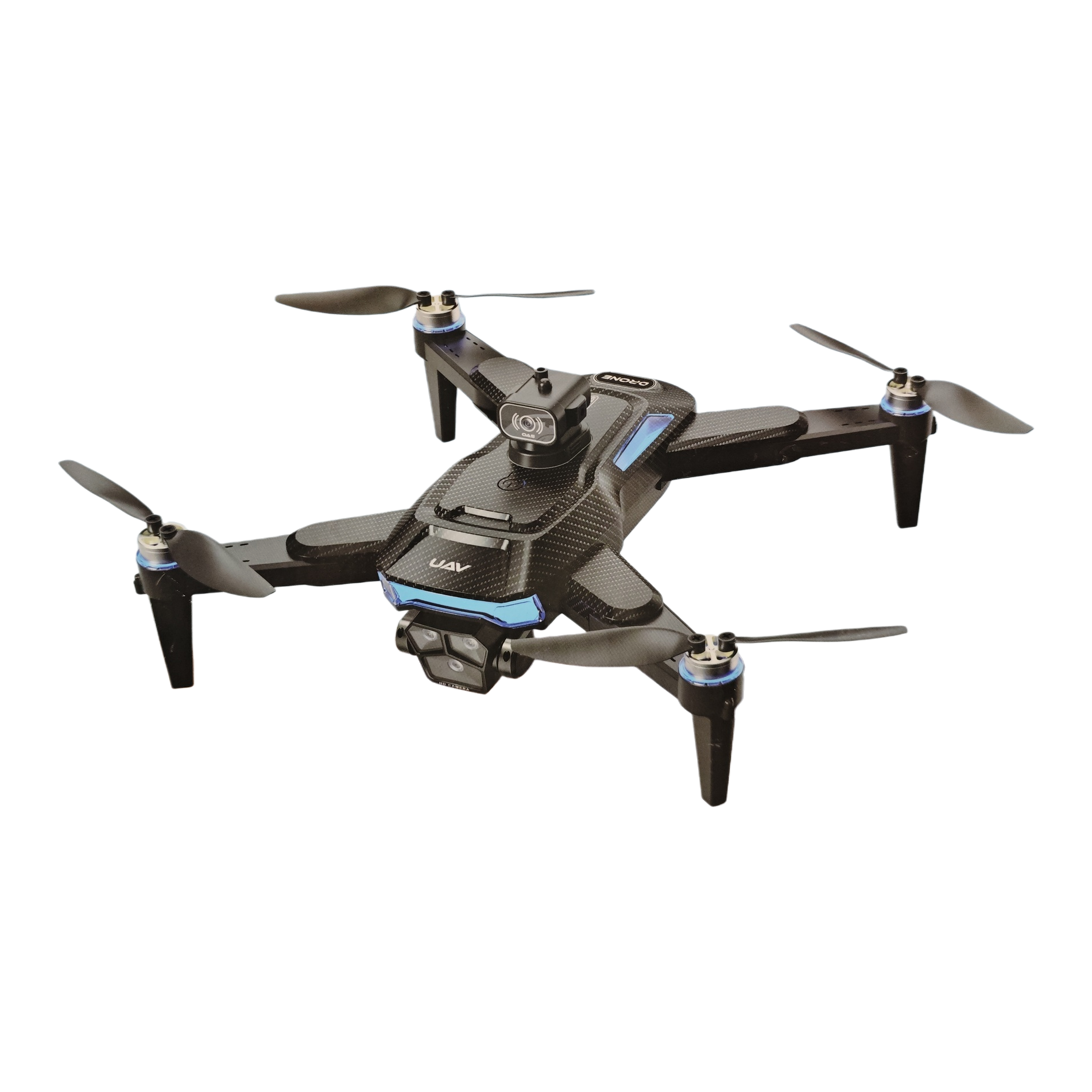 The black multi-rotor drone is decorated with blue lights, and the HD camera below the front camera has a mountain view background Item Picture