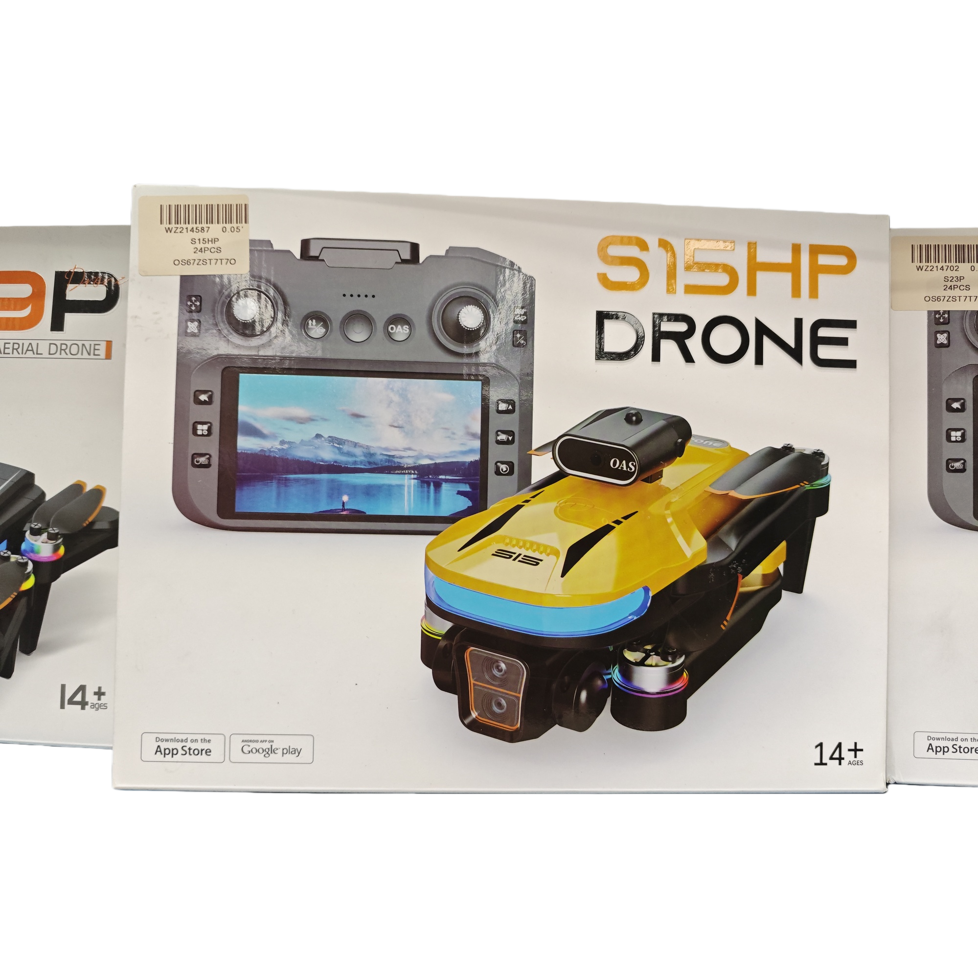 A yellow drone with black propellers, OAS lenses, dual cameras and color light rings Item Picture