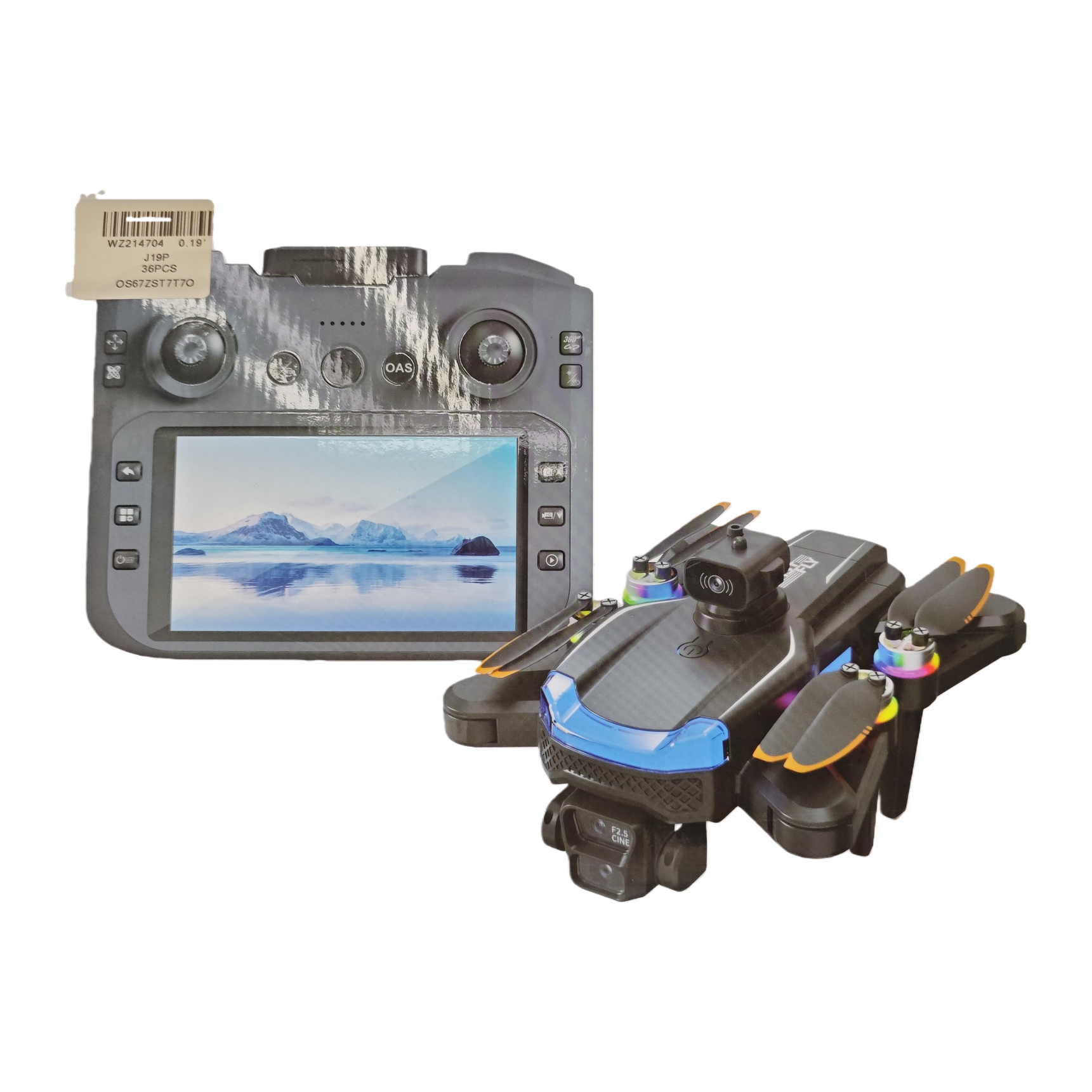 The J19P smart aerial photography drone black set includes a screen remote control, a color propeller camera and a blue decorative strip Item Picture
