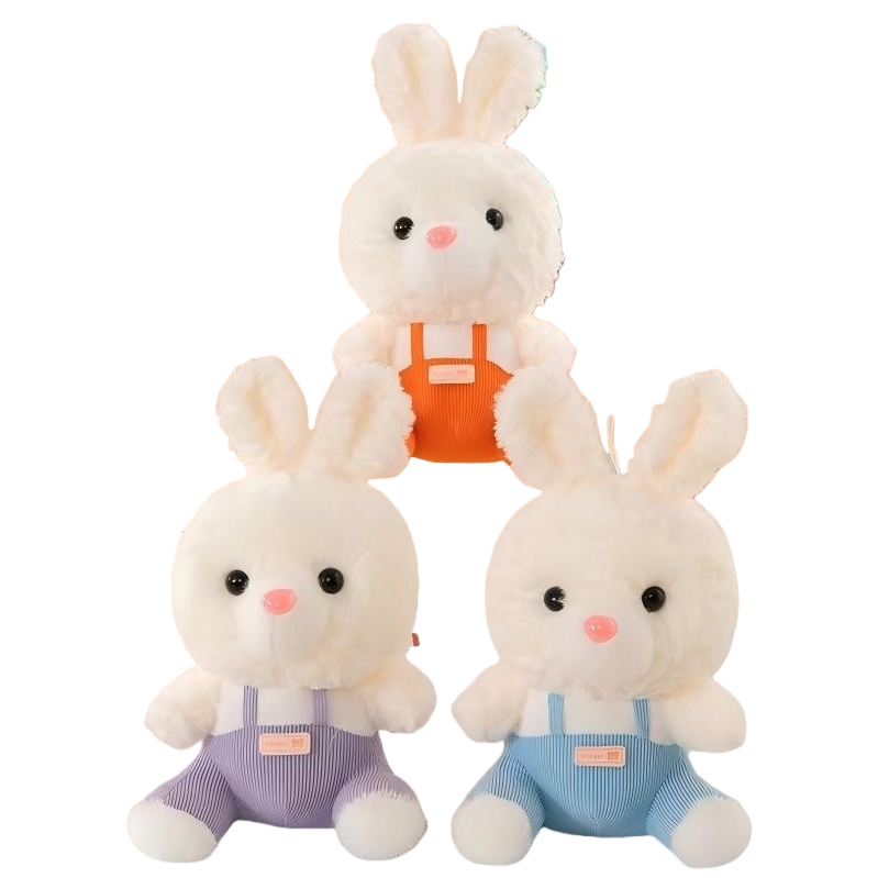 Three white plush rabbit dolls in a set of overalls in orange, purple and blue colors Item Picture