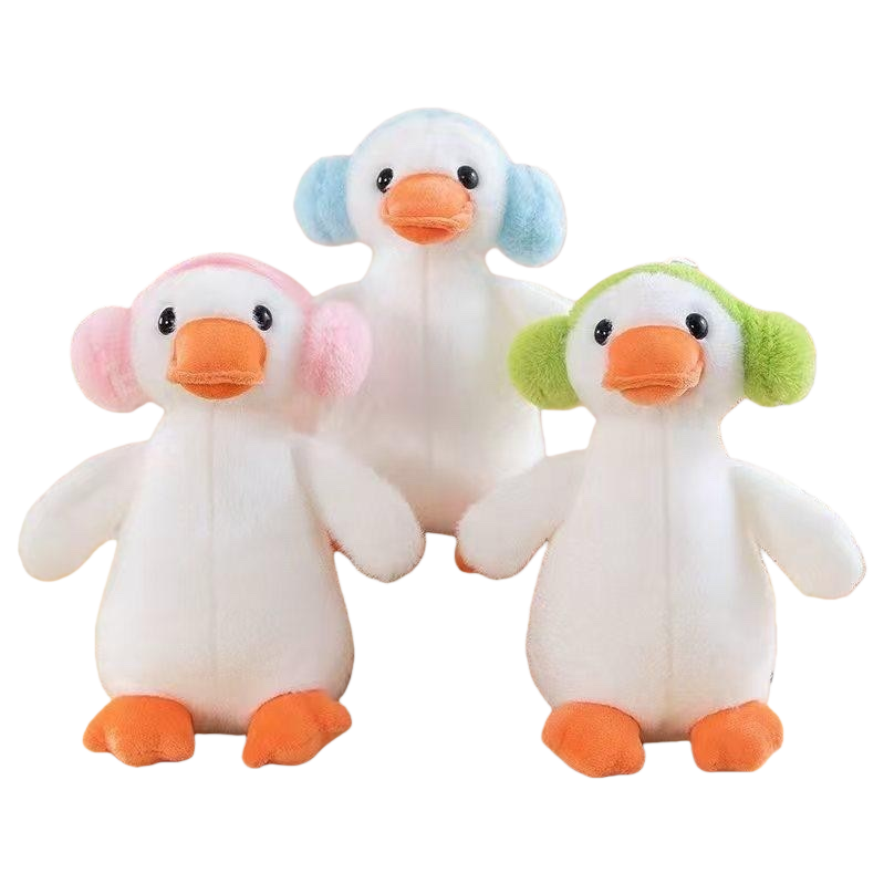 Three white duck plush toys with ear muffs are cute and fun home decorations Item Picture