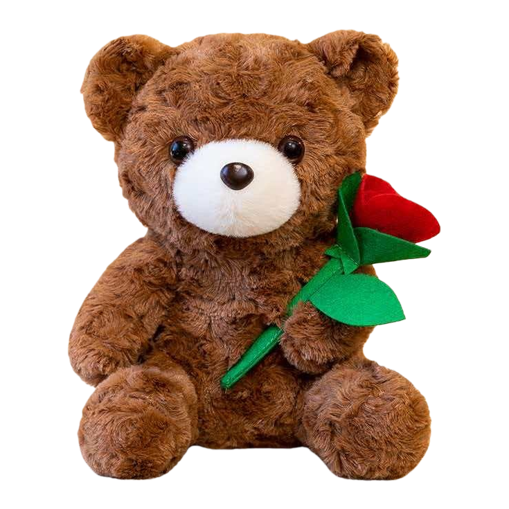 A brown plush bear hugging a red rose plush toy as a Valentine's Day gift for your girlfriend Item Picture