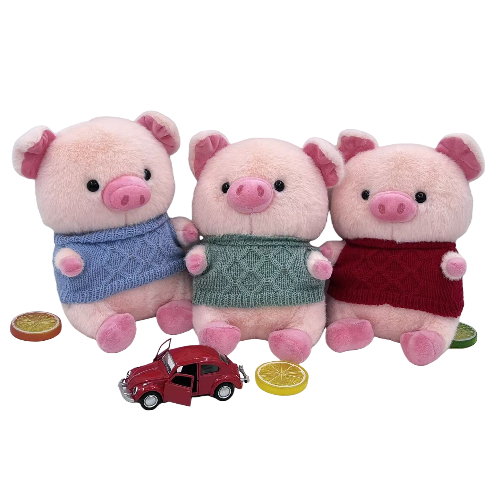 Three pink little pig plush dolls wearing sweaters are cute bedroom decorative items Item Picture