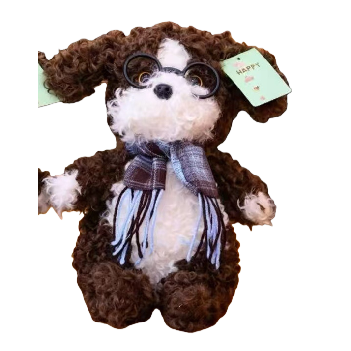 棕色卷毛小狗玩偶戴黑框眼镜围格子围巾毛绒公仔 Item Picture