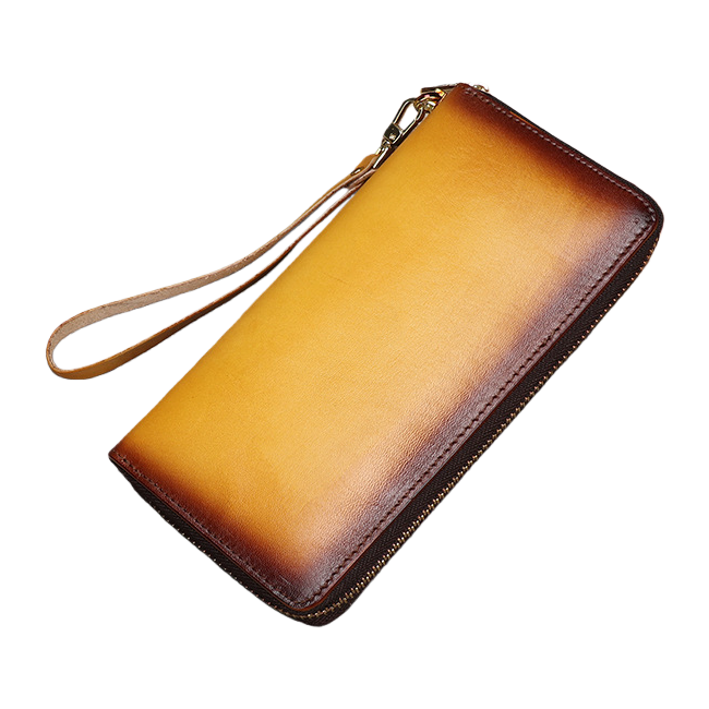 A long, yellowish-brown gradient leather wallet with a large capacity and multiple compartments for women Item Picture