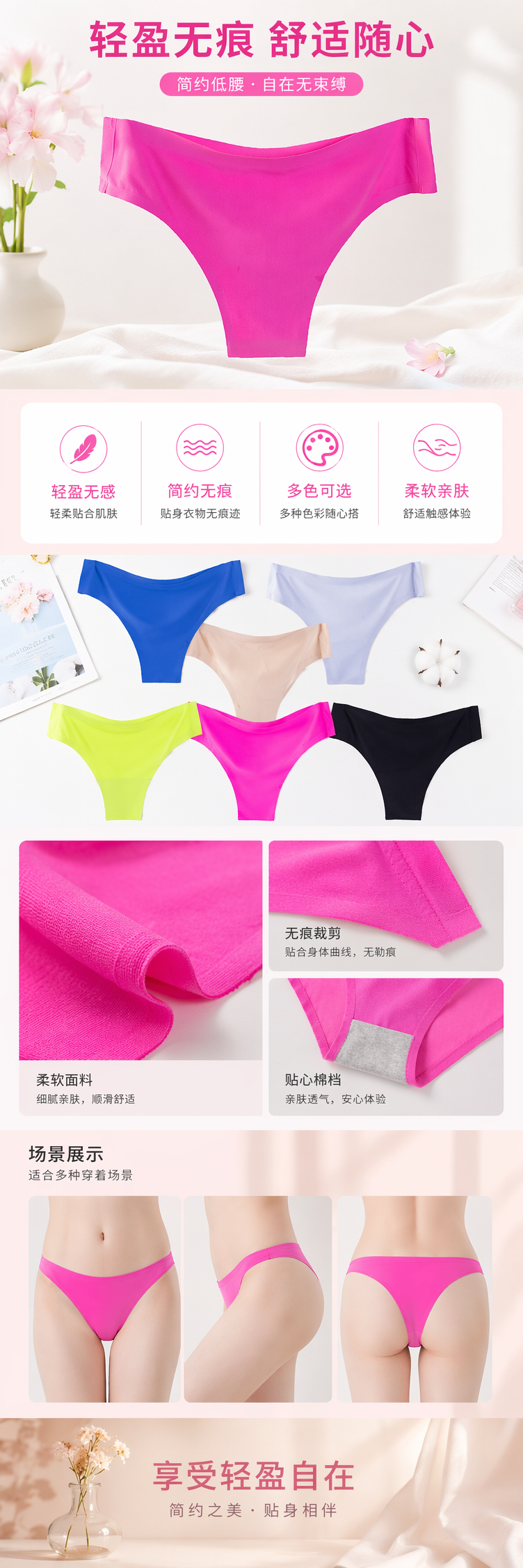 粉色纯棉女士内裤舒适透气无痕基础款详情1