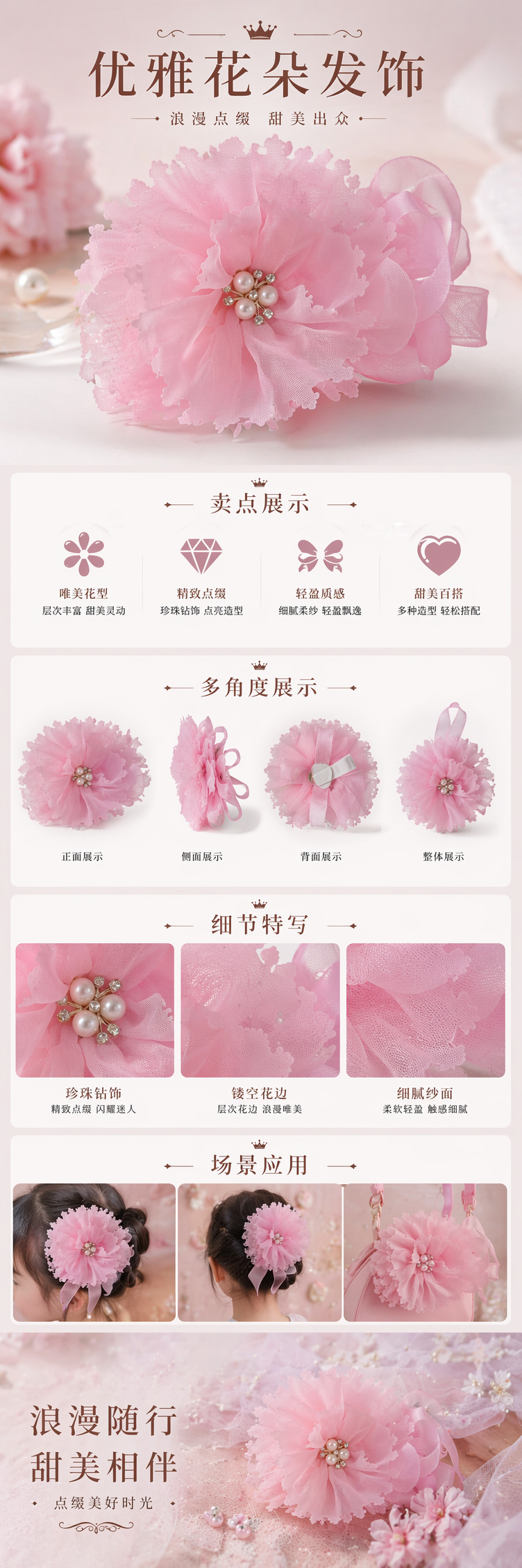 粉色纱质花朵装饰 中心镶嵌珍珠水钻花饰详情1