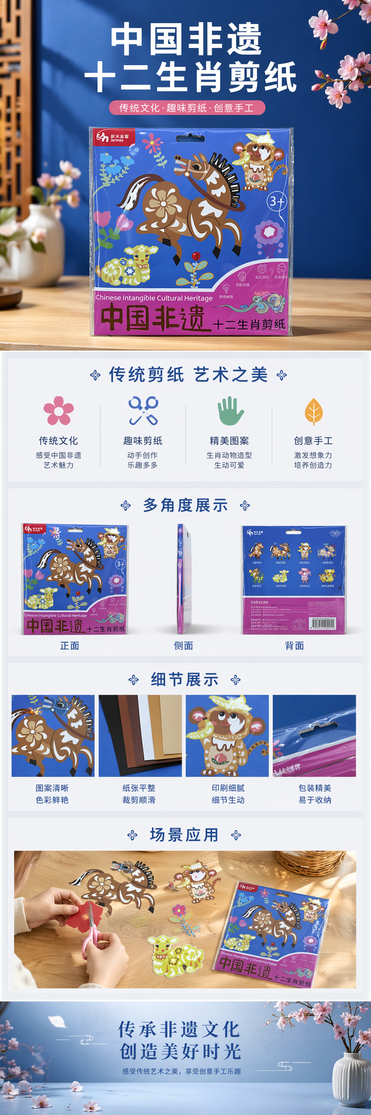 十二生肖剪纸图案蓝色包装袋含马猴羊等动物形象详情1