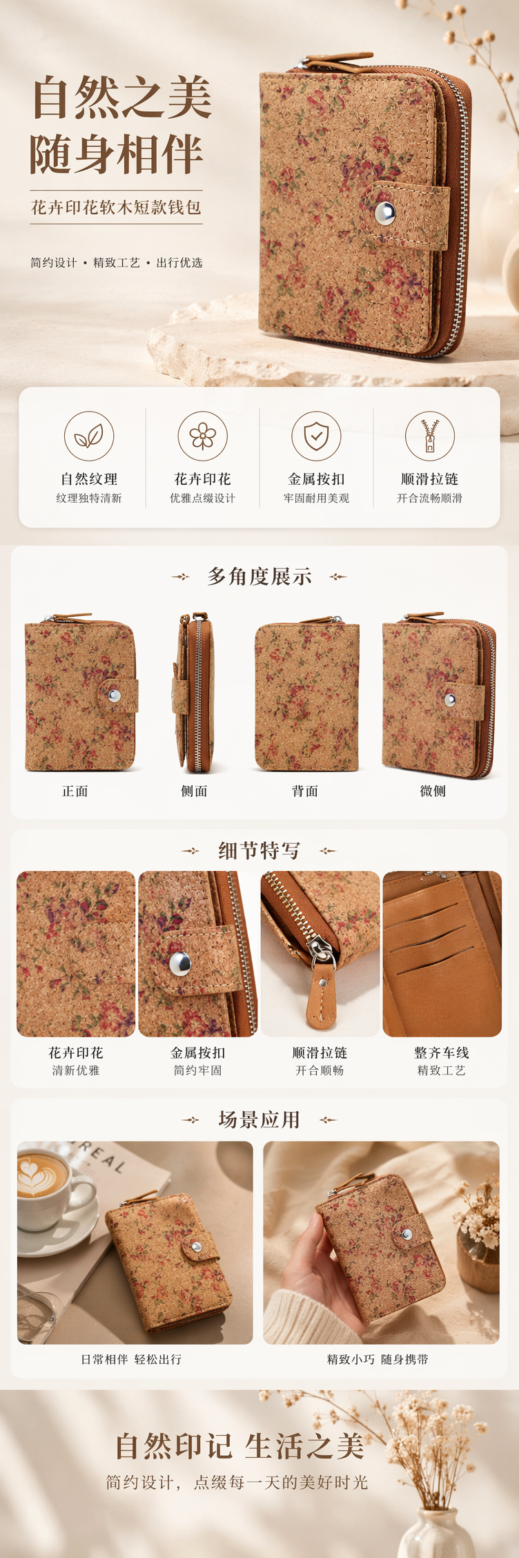 棕色花卉软木女士钱包轻便复古简约时尚小众设计 pic 1
