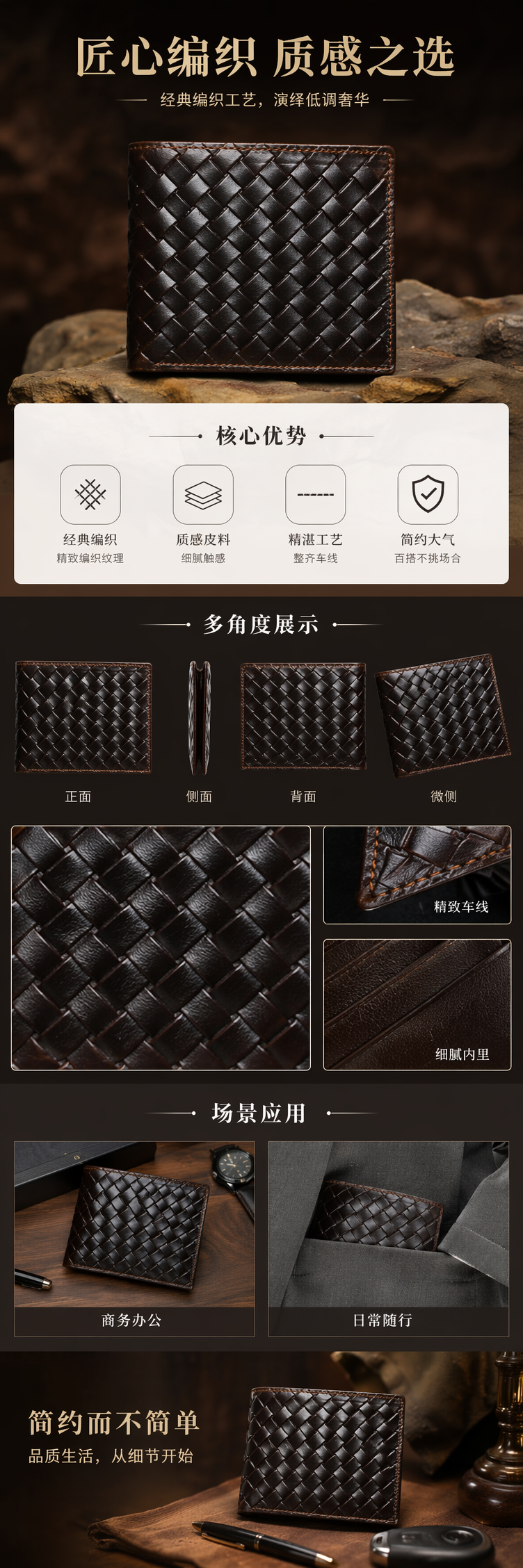 深棕色编织纹理皮质钱包男士简约复古款 pic 1