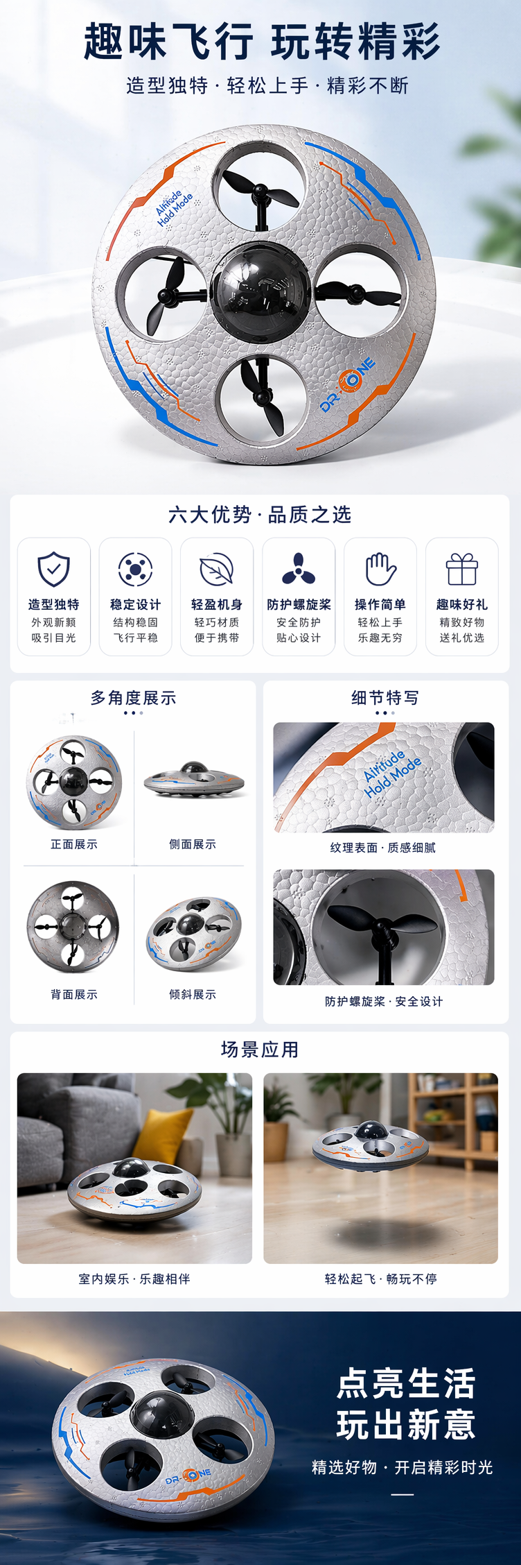 银色圆形四旋翼无人机带中央摄像头详情1
