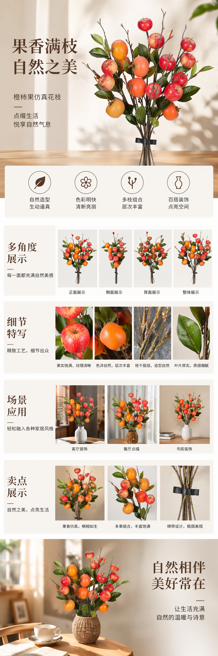 红色苹果橙色柿子粉色桃子枝条绿叶装饰花束详情1
