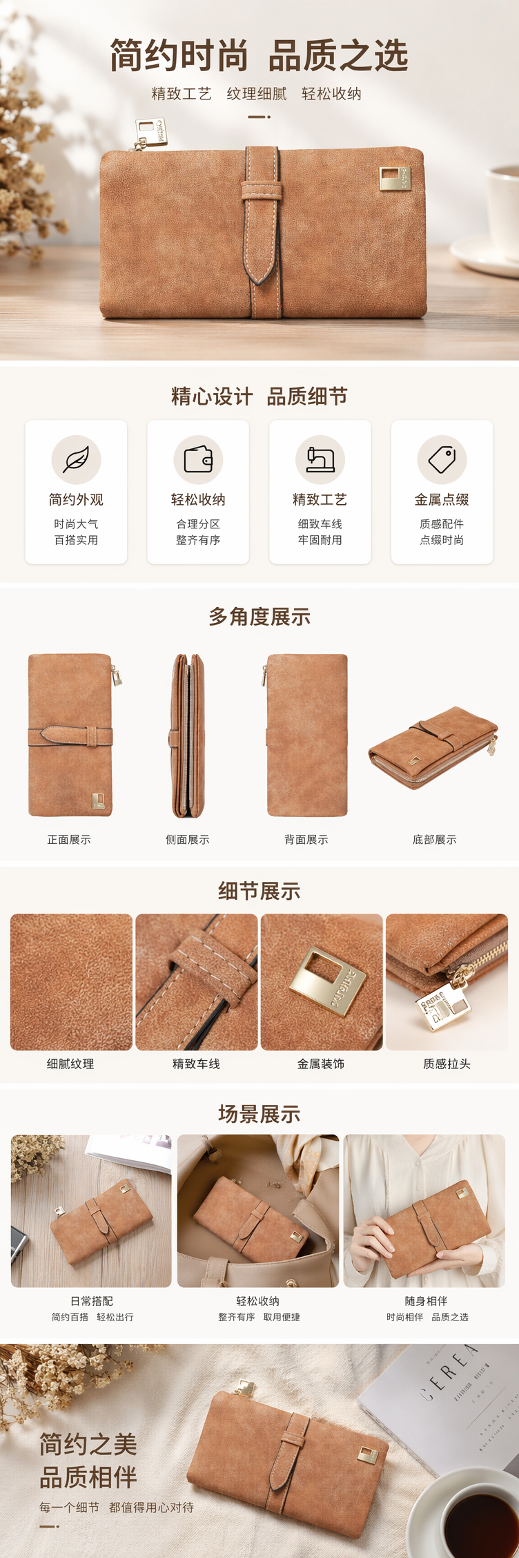 棕色绒面女士长款钱包 大容量多卡位简约时尚 pic 1