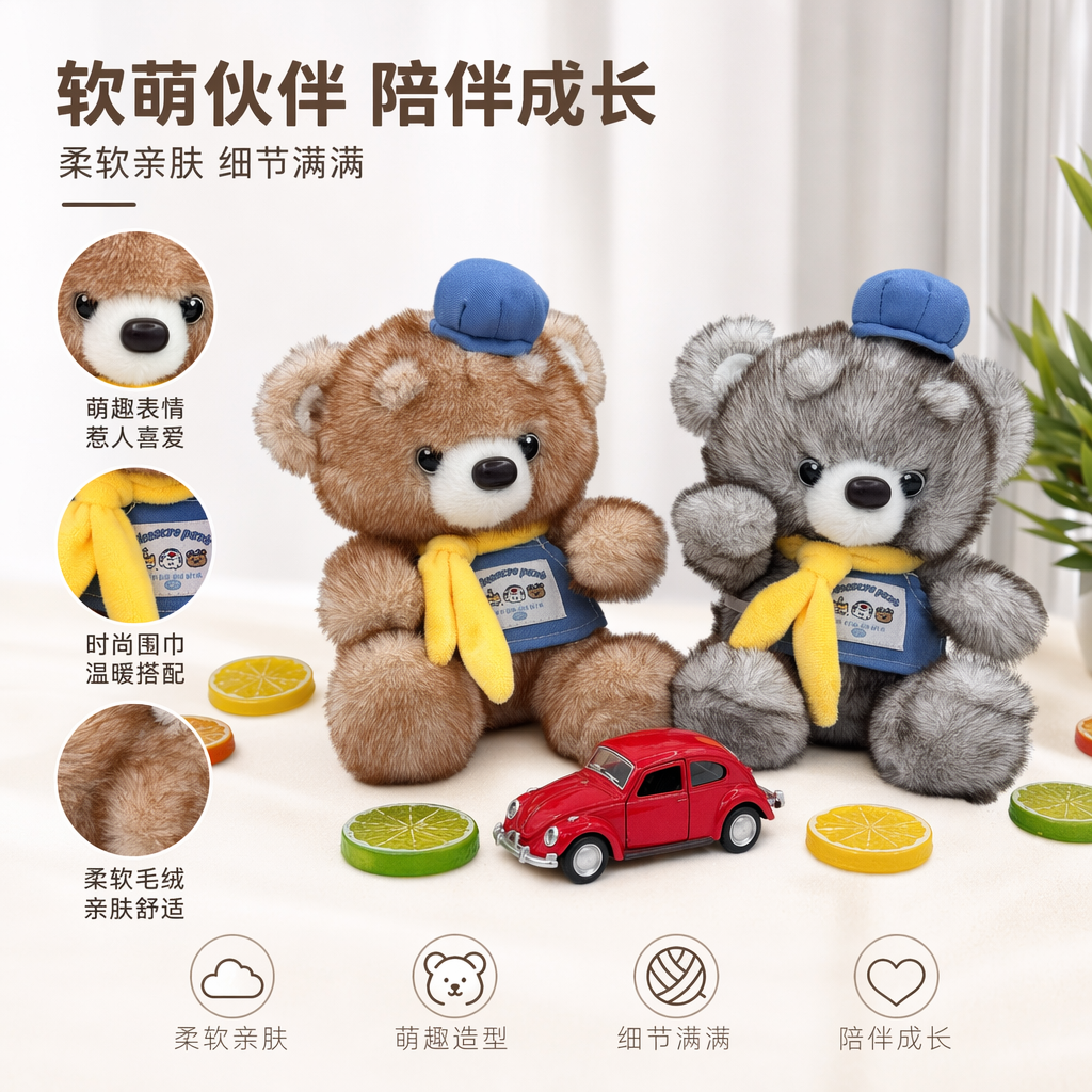 两只戴蓝帽系黄围巾毛绒小熊棕褐灰白款蓝色围裙配红甲壳虫车柠檬橙片