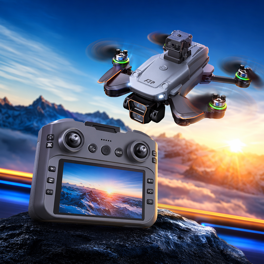 Blue packaging box for A7P PRO drone remote control with screen Specification image