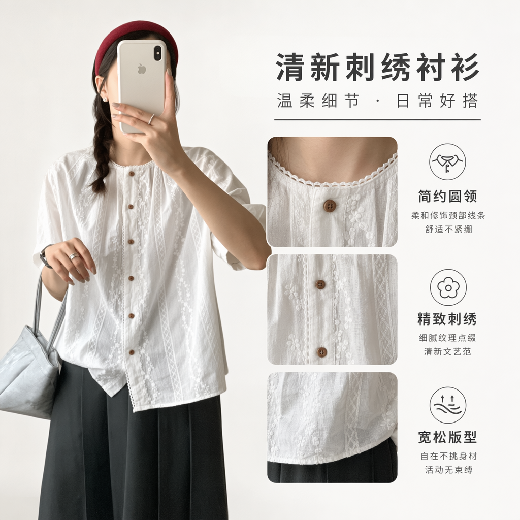 白色刺绣衬衫女修身显瘦纯棉长袖上衣