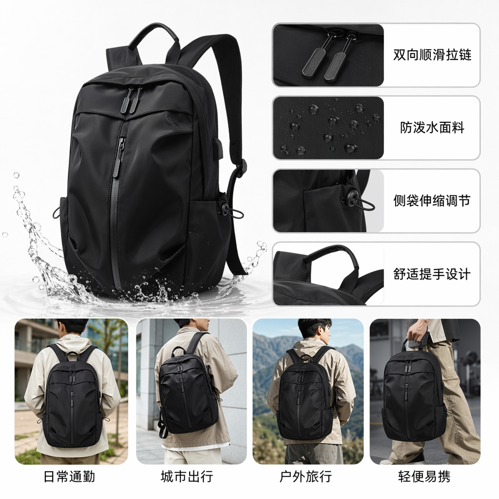 黑色简约商务休闲背包男女通用大容量轻便旅行包