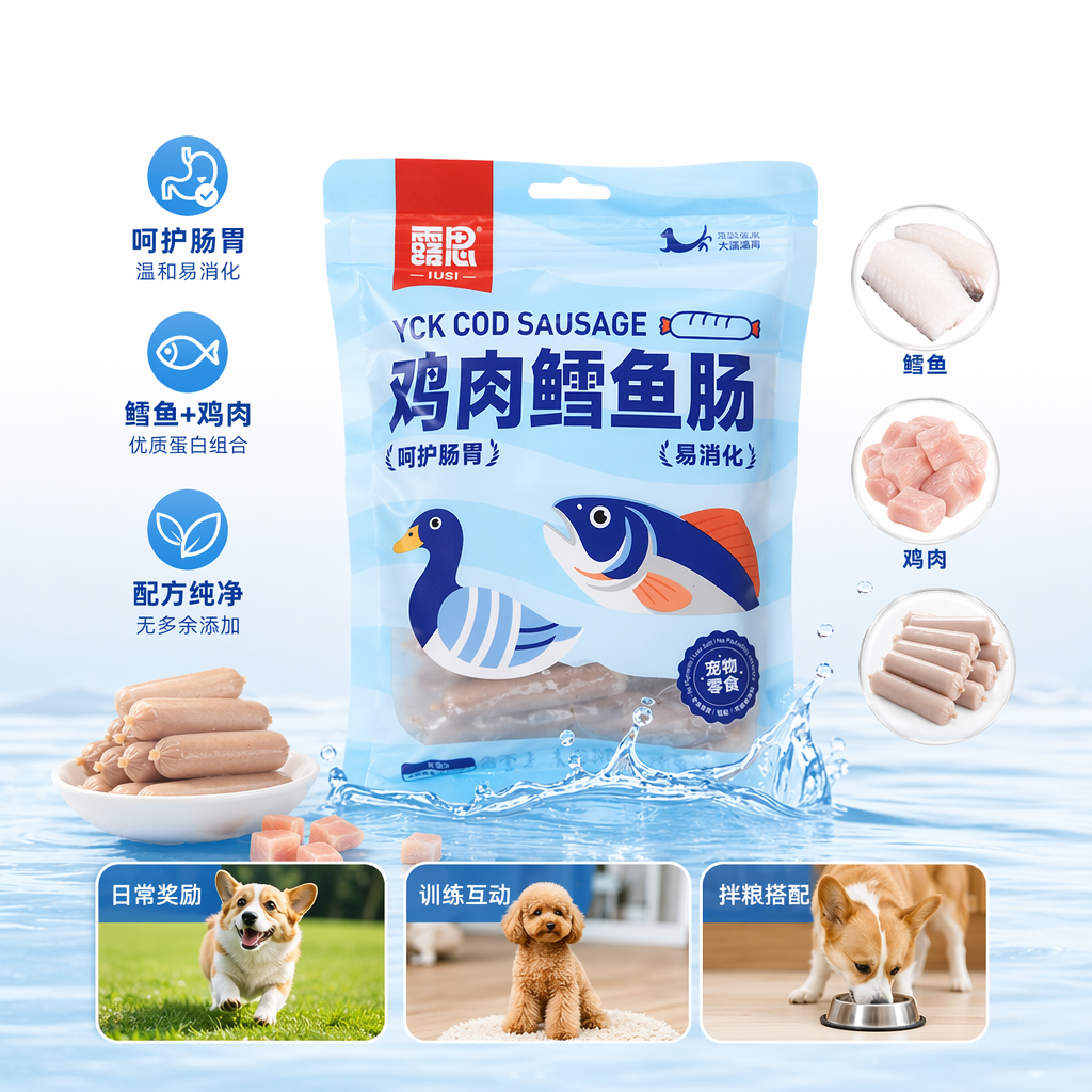 蓝色包装袋鸟肉鳕鱼肠 高蛋白低脂儿童零食独立小包装